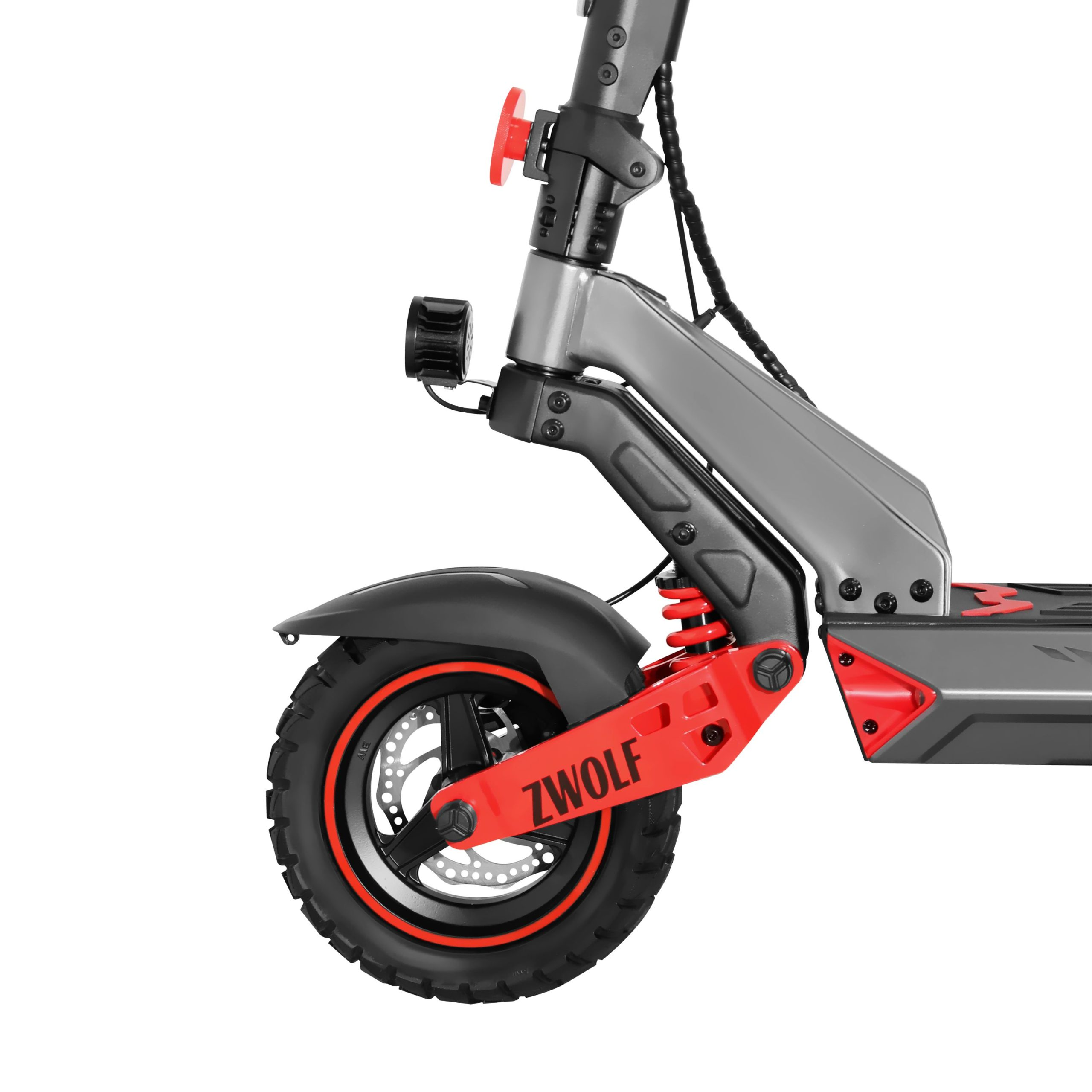 Un patinete eléctrico gris y rojo. Se ven la rueda delantera y la suspensión. La marca ZWOLF está impresa.