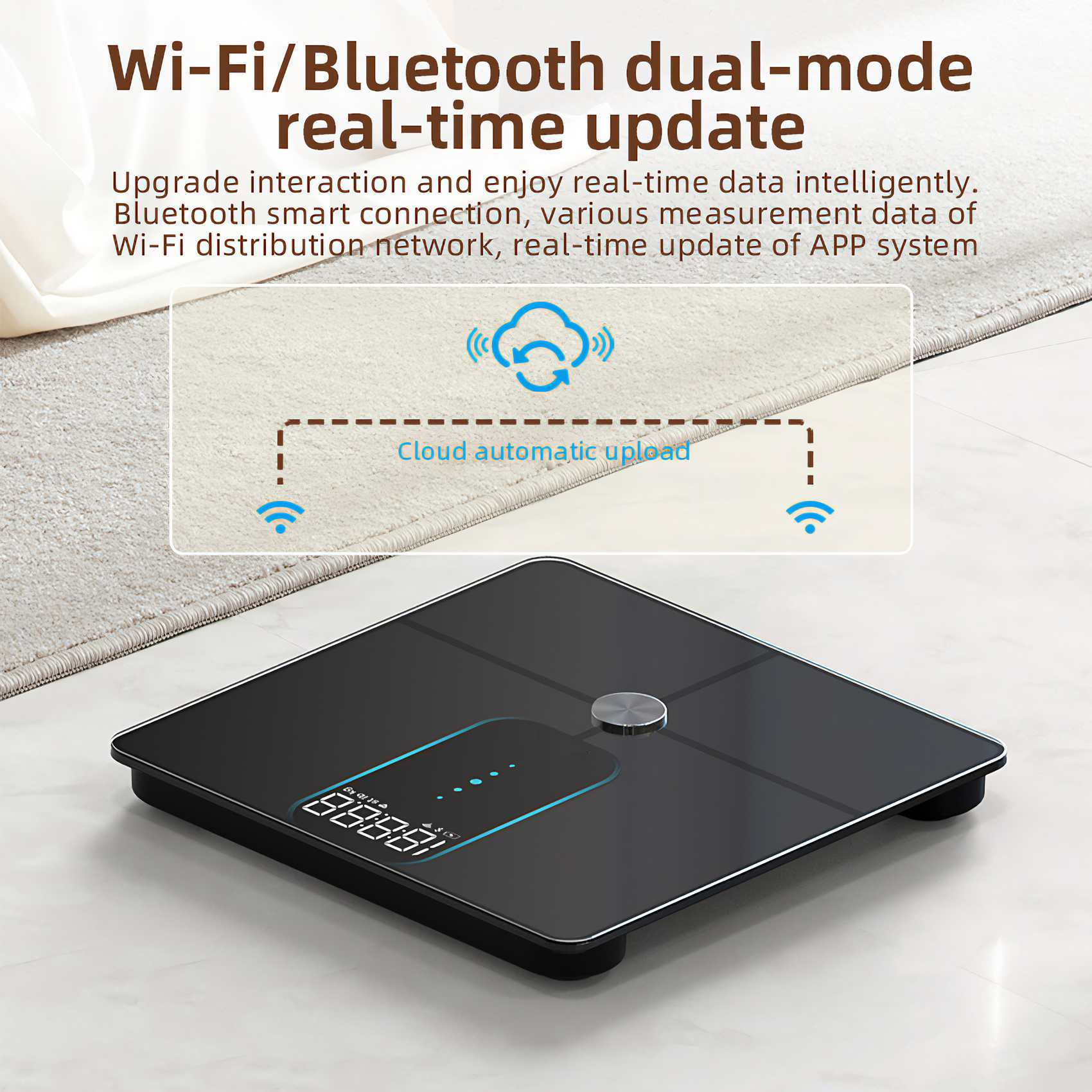 Schwarze Digitalwaage mit Zahlenanzeige. Sie verfügt über eine Wi-Fi- und Bluetooth-Verbindungsfunktion.