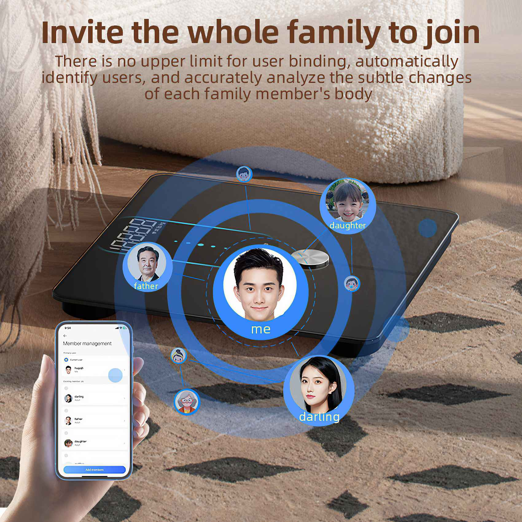 Eine intelligente Waage zeigt eine Familie, ein Telefon zeigt die Mitgliederverwaltung. Text sagt: 'Laden Sie die ganze Familie ein'.
