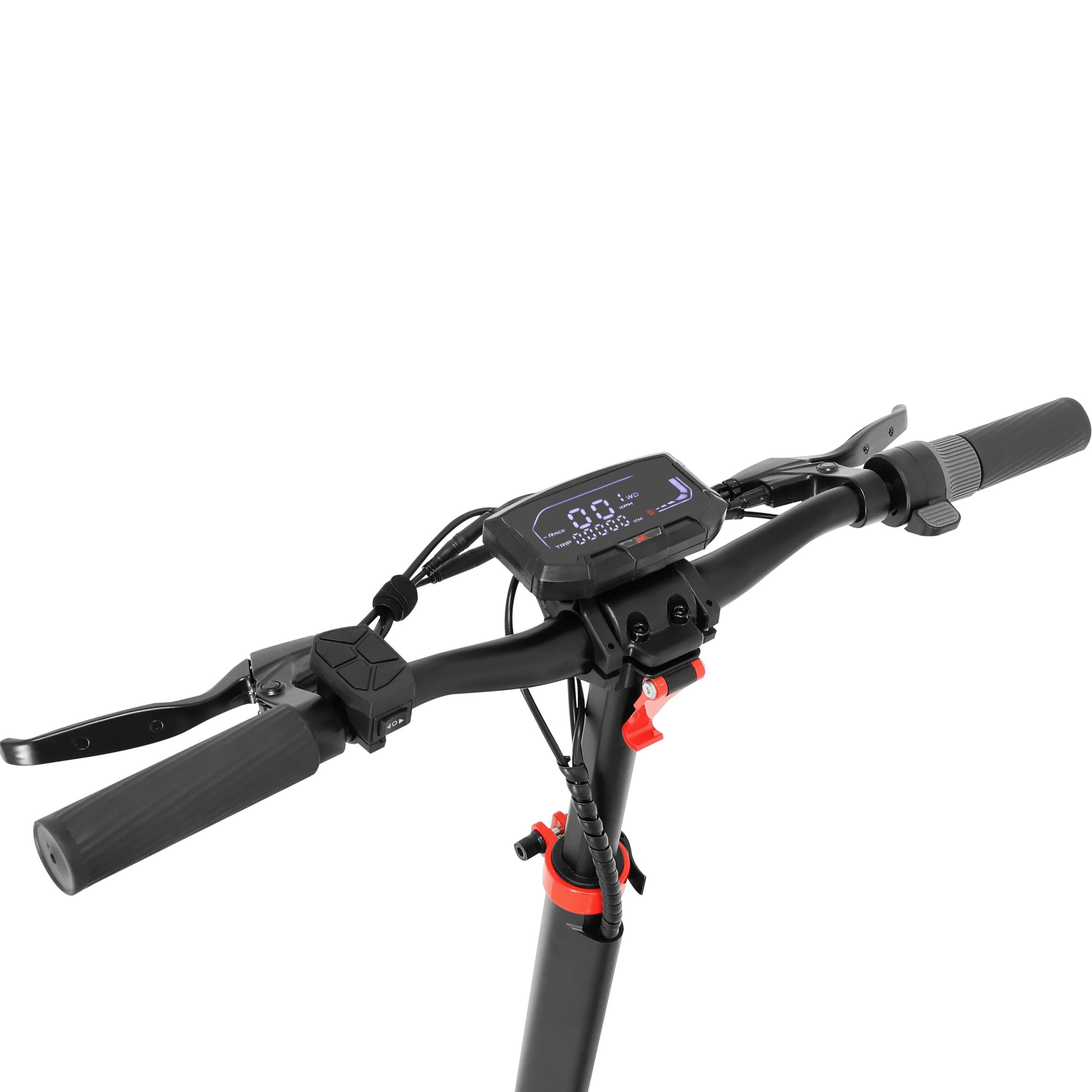 Primer plano del manillar de un patinete eléctrico. Cuenta con pantalla, frenos y empuñaduras. Combinación de colores negro y rojo.