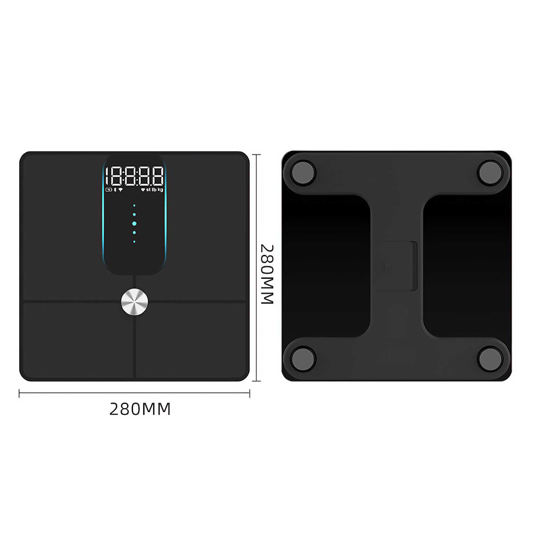 Eine schwarze Digitalwaage mit Display, das Zahlen anzeigt. Quadratisches Design, 280 mm Abmessungen.