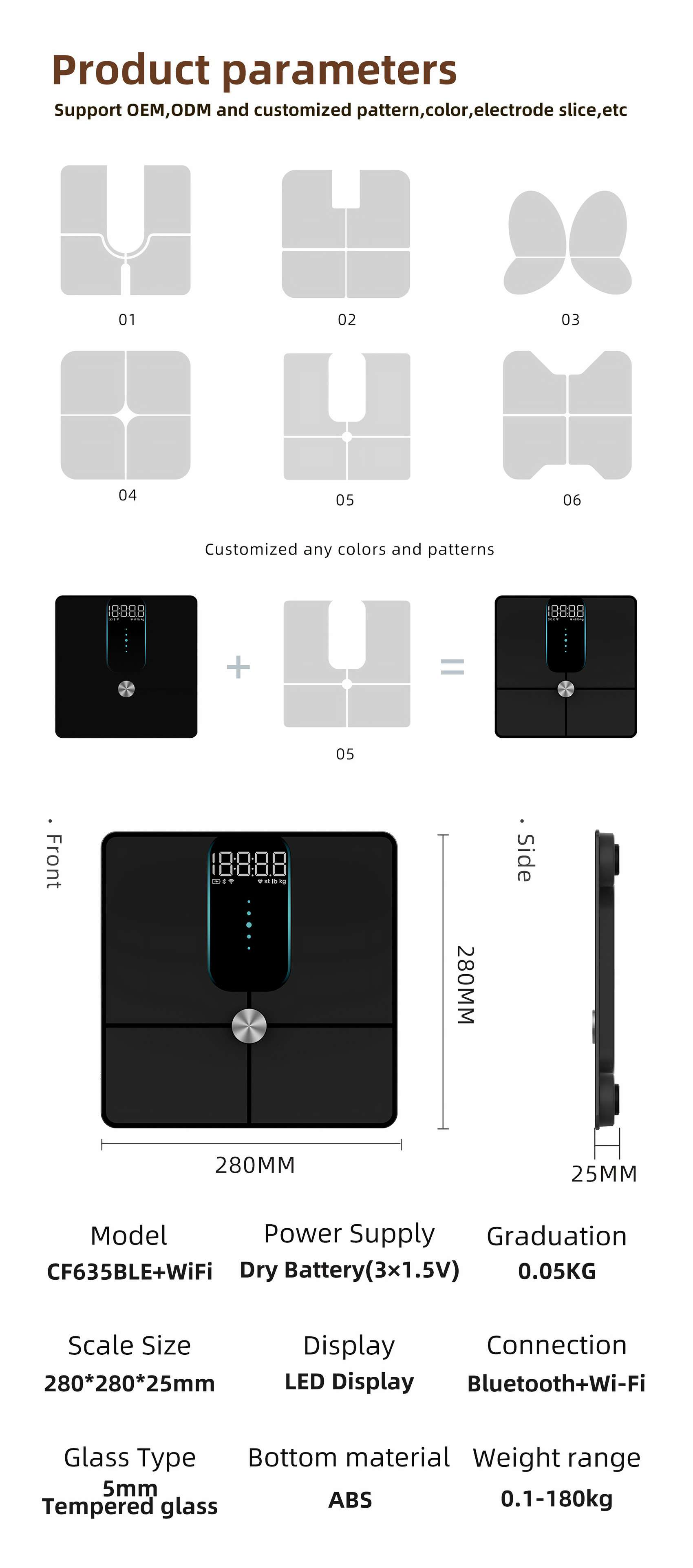 Das Bild zeigt Produktparameter, einschließlich Waagendesign und Spezifikationen. Enthält eine Waage und Details wie Abmessungen und Anzeige.