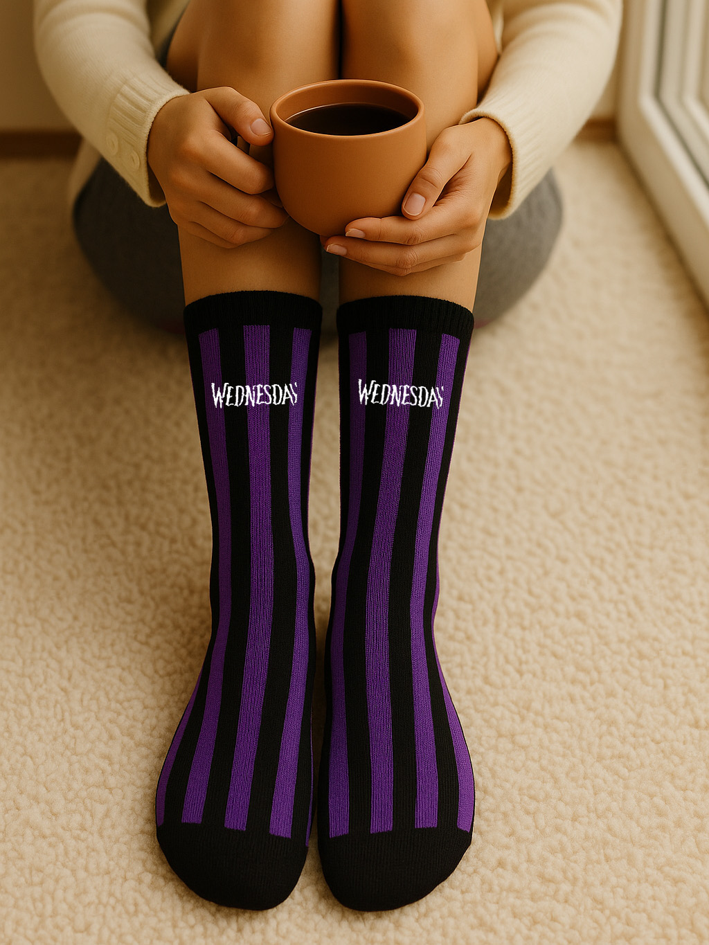 Person hält eine braune Tasse, trägt gestreifte lila und schwarze Socken mit der Aufschrift 'WEDNESDAY'. Die Person sitzt auf einer flauschigen Oberfläche.