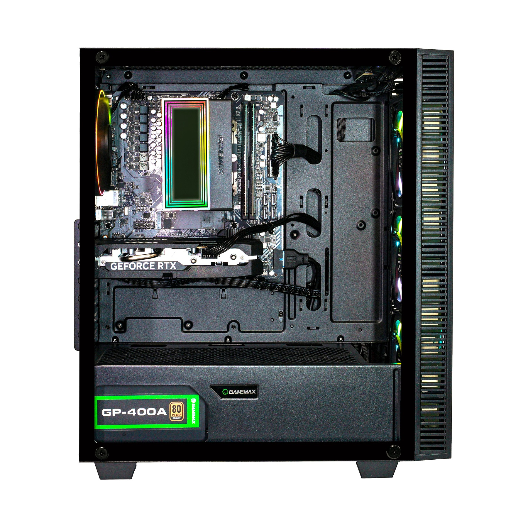 In einem Computergehäuse, Motherboard mit farbenfrohem Kühler, Grafikkarte, Netzteil.