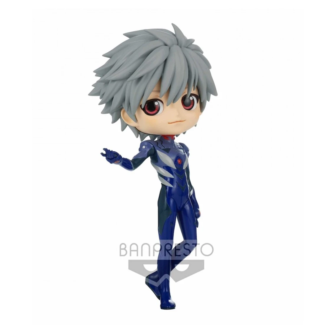Una statuetta di un personaggio anime maschile con capelli grigi a punta, che indossa un abito blu, occhi rossi e un piccolo sorriso, con il logo Banpresto.