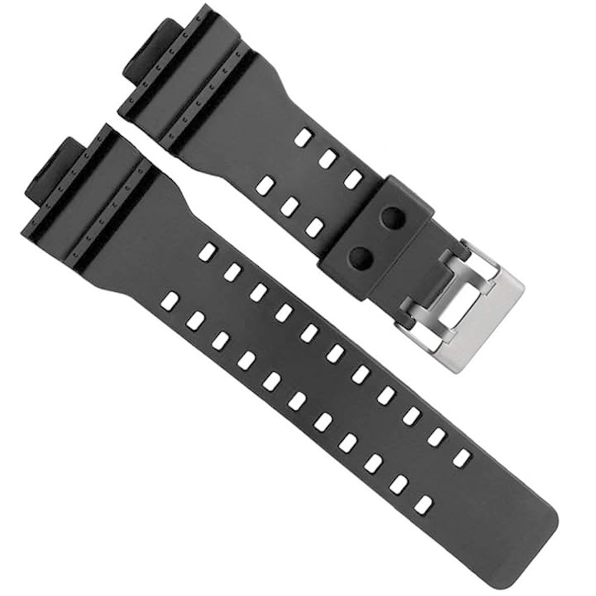 Zwei schwarze Uhrenarmbänder. Eines hat eine silberne Schnalle, das andere einen Stift. Beide haben rechteckige Löcher zur Anpassung.
