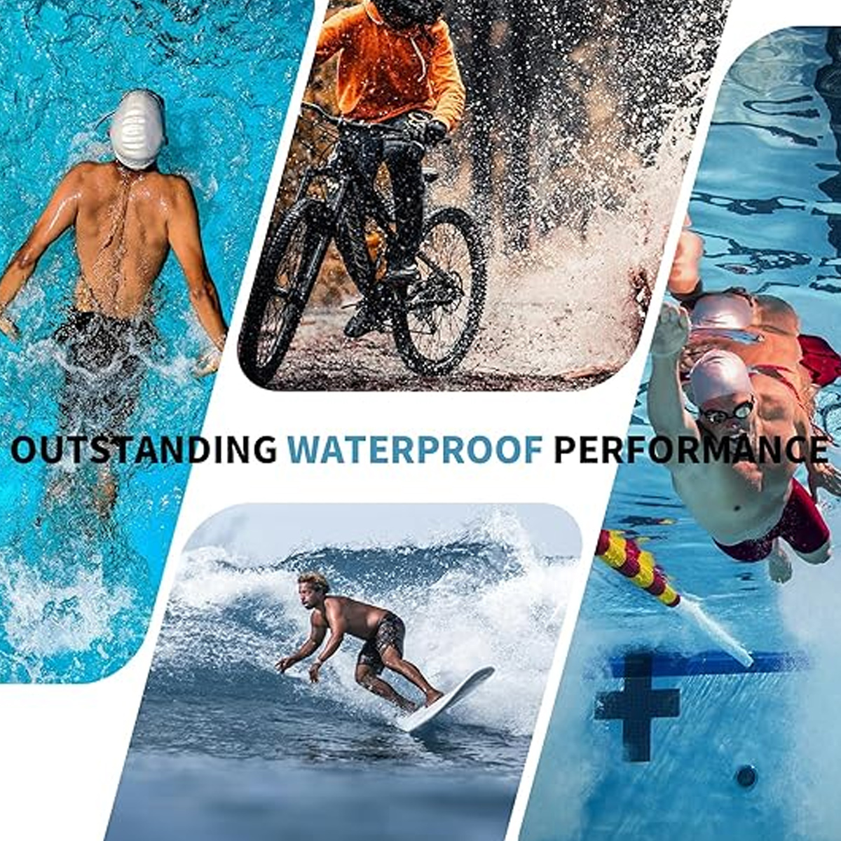Das Bild zeigt Schwimmen, Radfahren im Regen und Surfen. Der Text lautet 'Outstanding Waterproof Performance'.