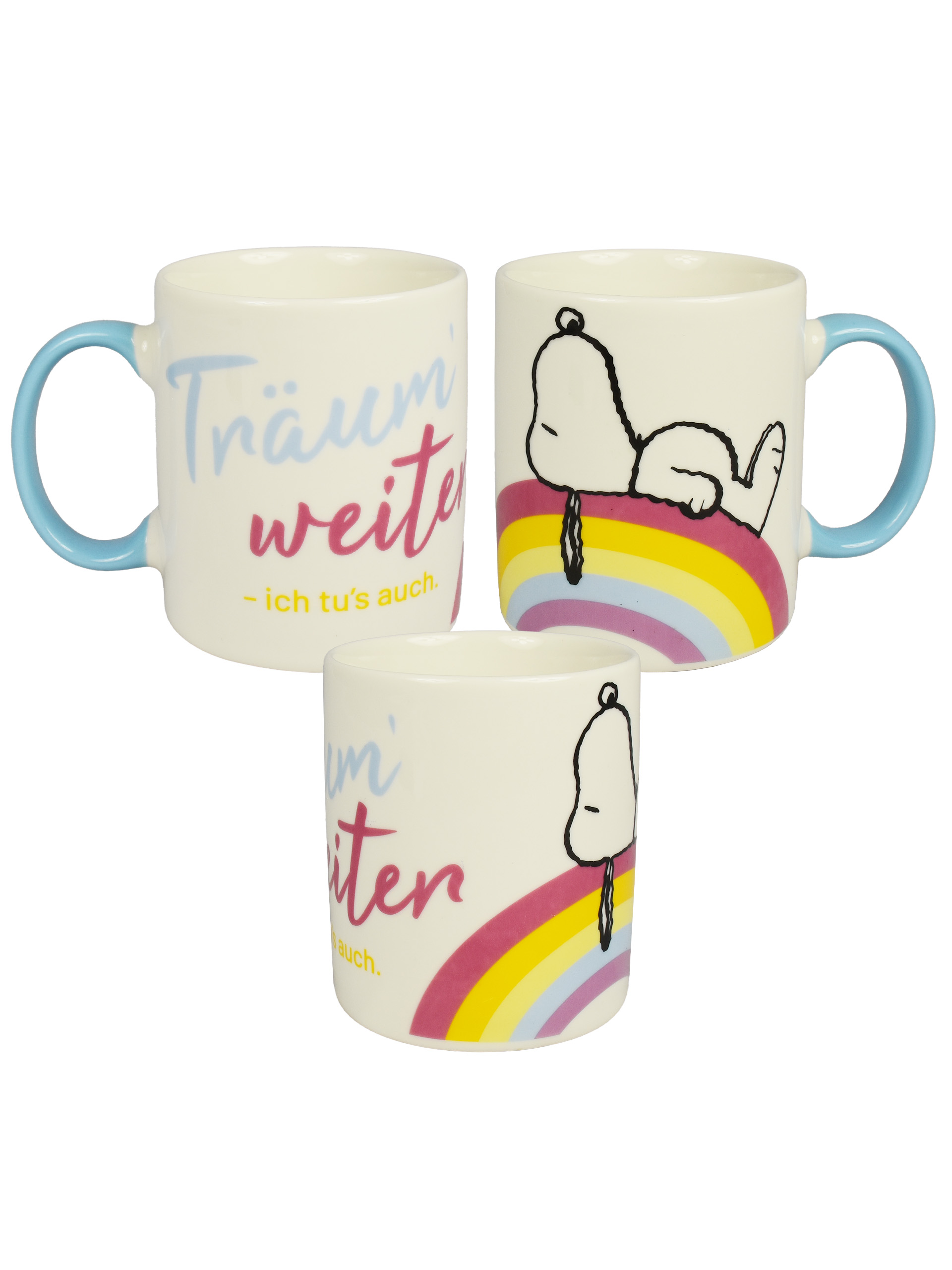Drei Tassen mit Snoopy-Designs. Eine Tasse hat Text, die anderen haben Snoopy auf einem Regenbogen.