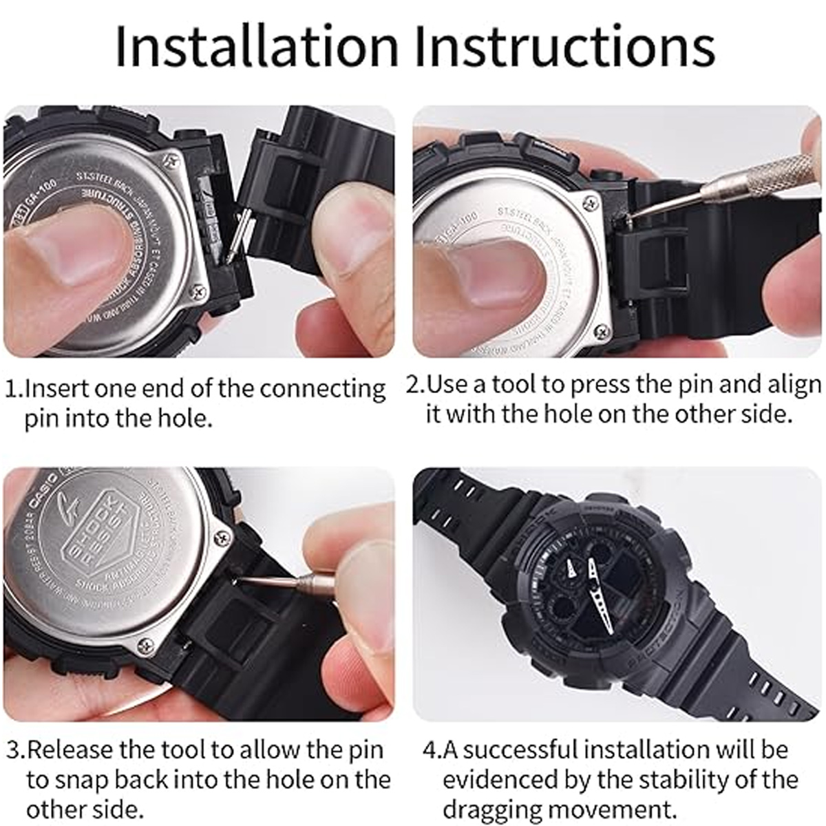 Anleitung zur Installation eines Uhrenarmbands. Schritte umfassen das Einsetzen von Stiften, die Verwendung eines Werkzeugs und die Überprüfung der Stabilität.