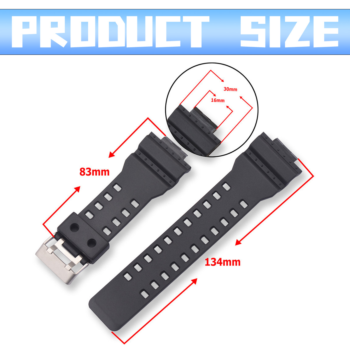Das Bild zeigt ein schwarzes Uhrenarmband mit Abmessungen. Der Text 'PRODUCT SIZE' steht oben. Maße sind in mm angegeben.