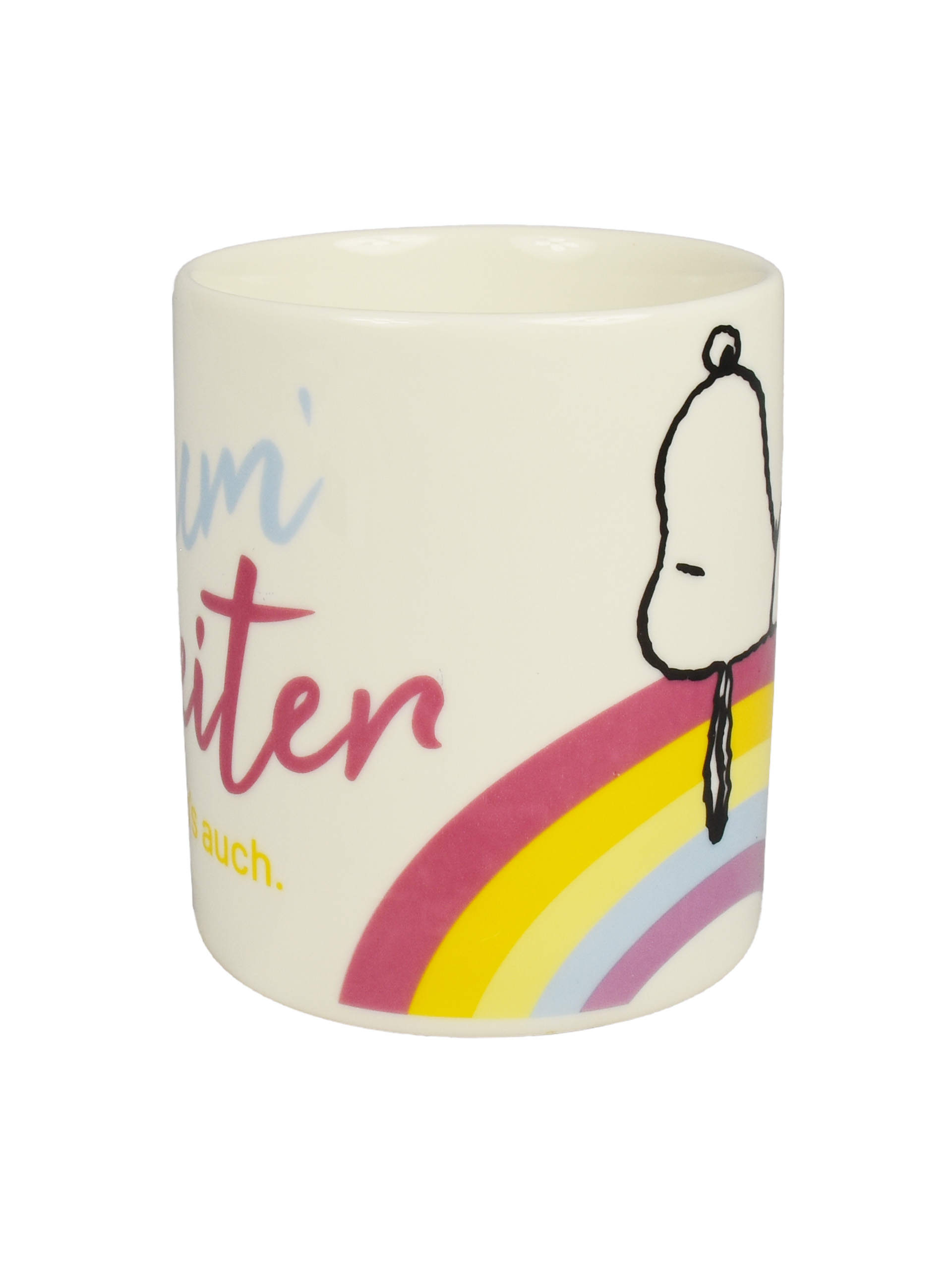 Cremefarbene Tasse mit Snoopy-Design und Regenbogen. Text: 'zum' und 'iter' in Blau und Rot.