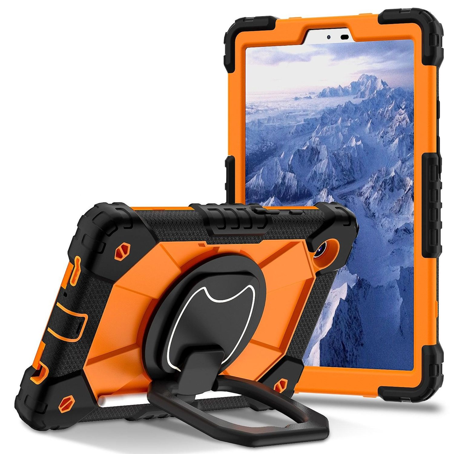 Zwei orangefarbene und schwarze Tablet-Hüllen. Eine steht aufrecht und zeigt eine Berglandschaft. Die andere hat einen Ständer.
