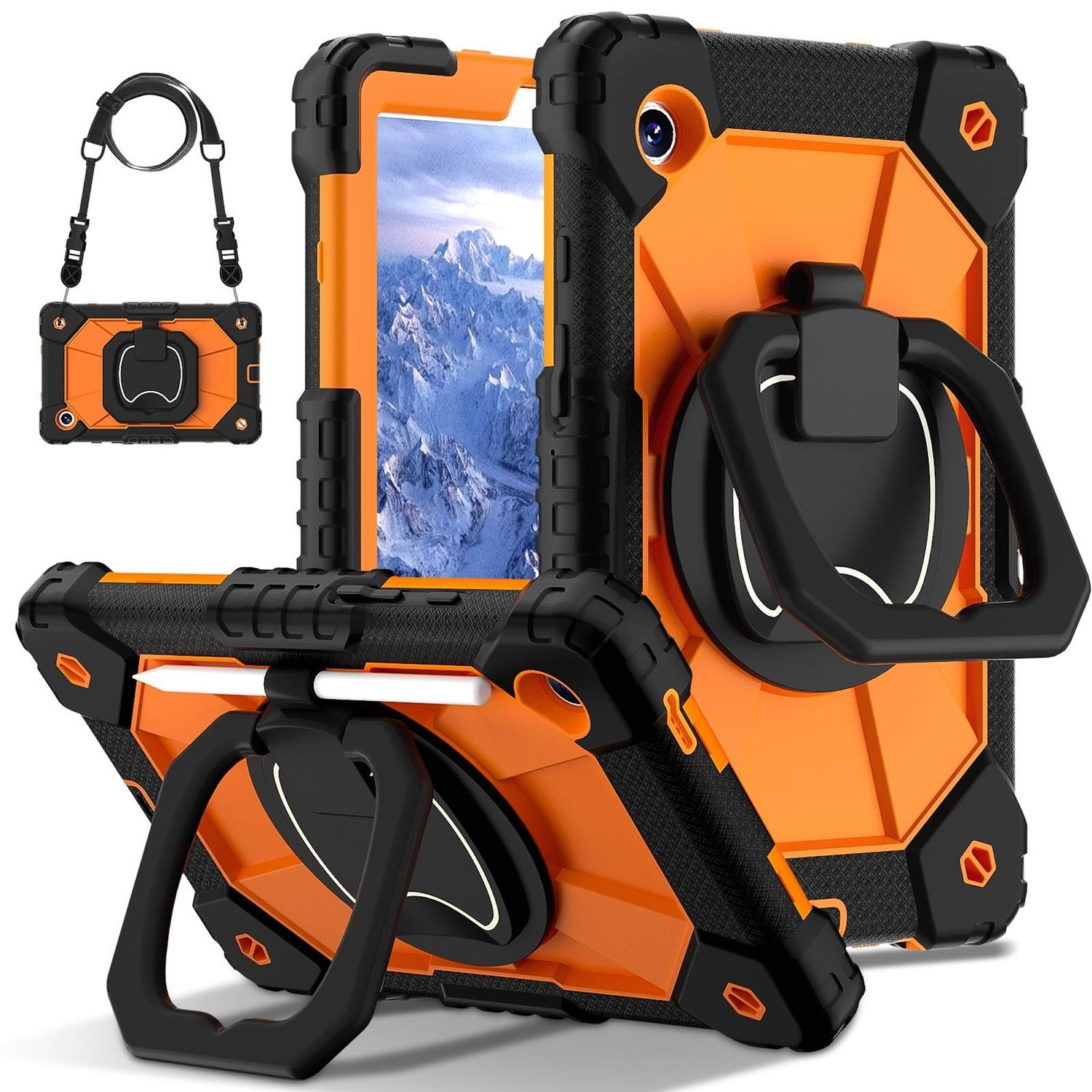 Tablet-Hülle mit Ständer und Handring, schwarz und orange. Tablet zeigt eine verschneite Berglandschaft. Mit Riemen.