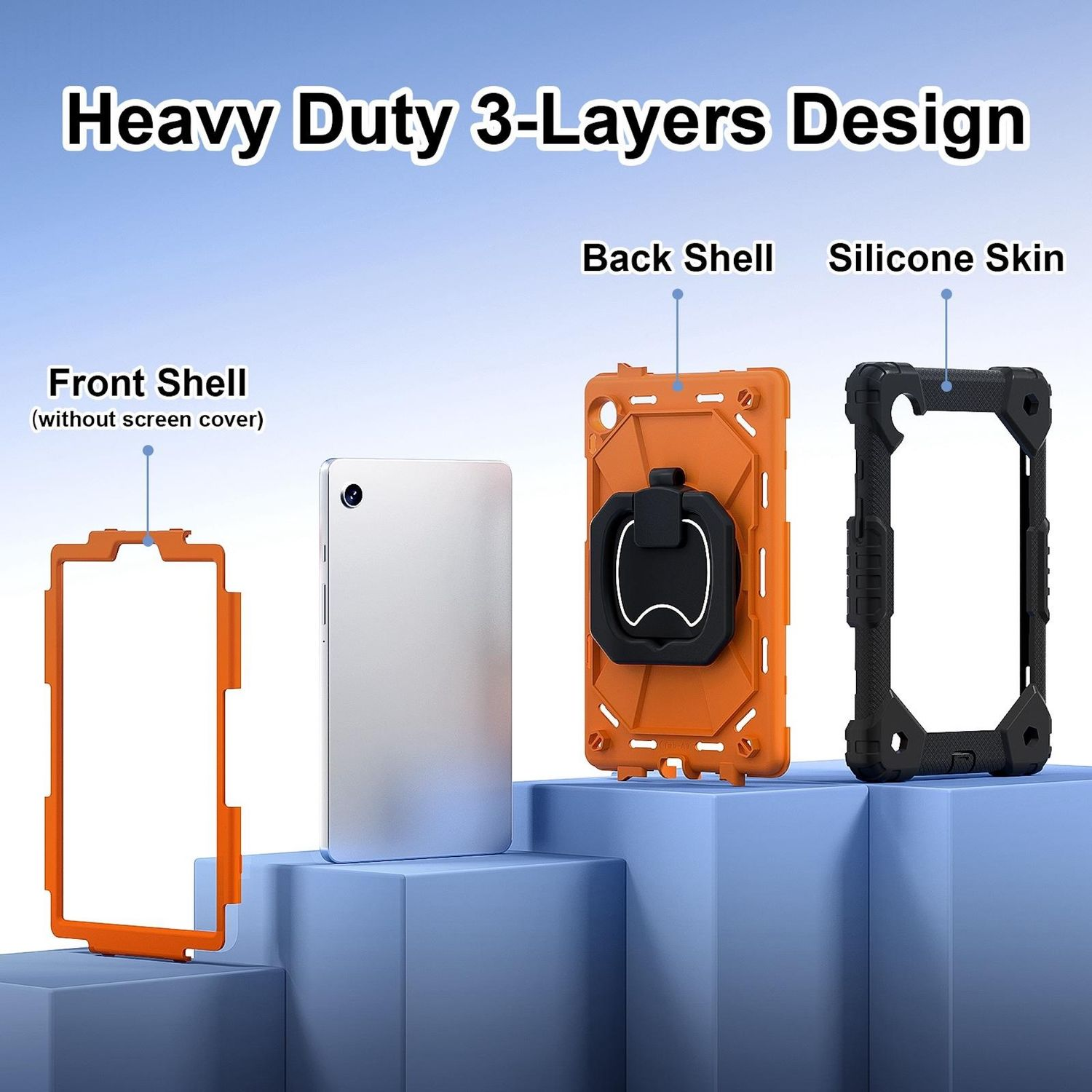 Das Bild zeigt ein 3-Schichten-Tablet-Hüllendesign. Die Komponenten umfassen eine vordere Schale, eine hintere Schale und eine Silikonhaut. Die Farben sind orange und schwarz.