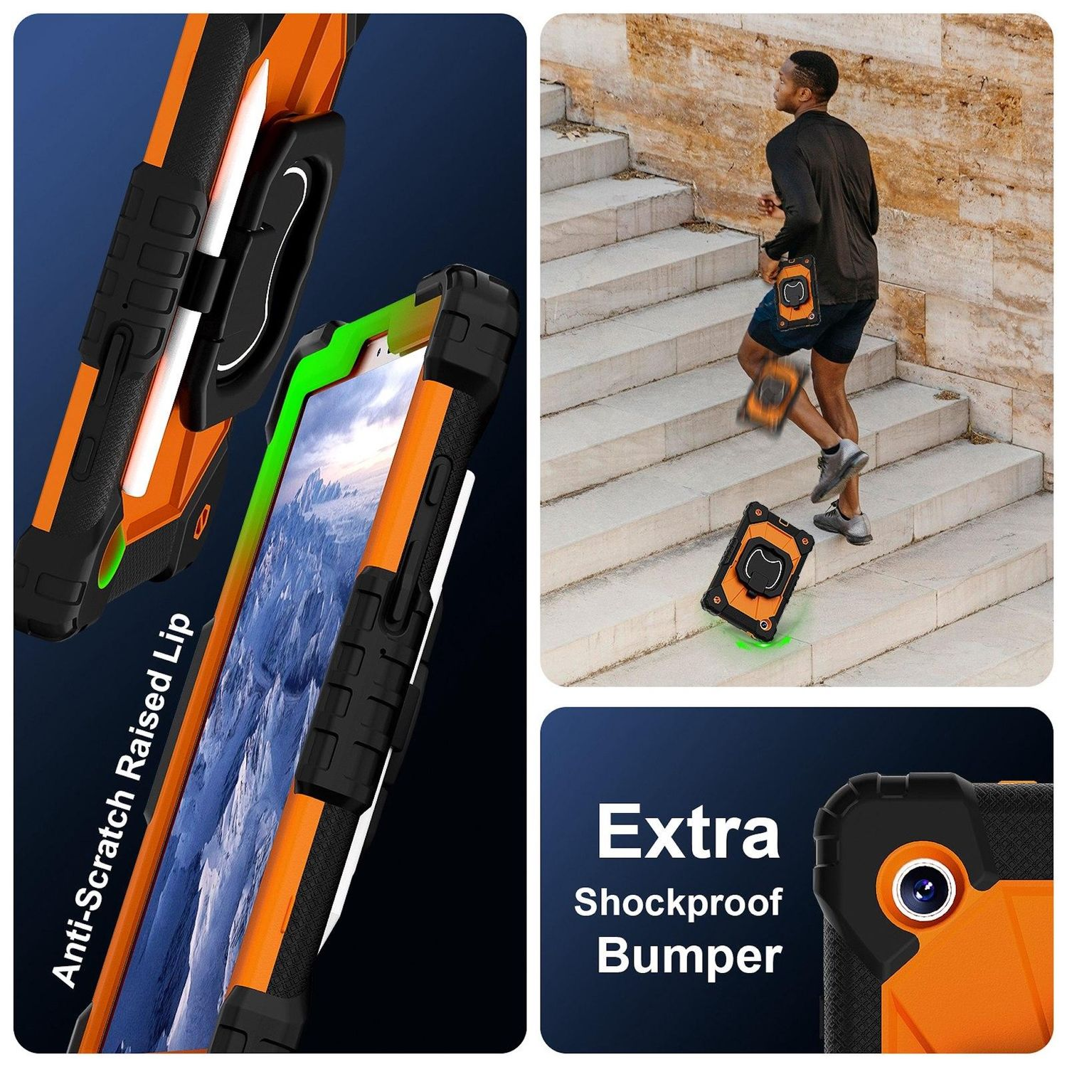 Das Bild zeigt eine Tablet-Hülle mit orange-schwarzem Design, einen Mann, der mit einer Hülle rennt, und Text mit der Aufschrift 'Extra Shockproof Bumper'.