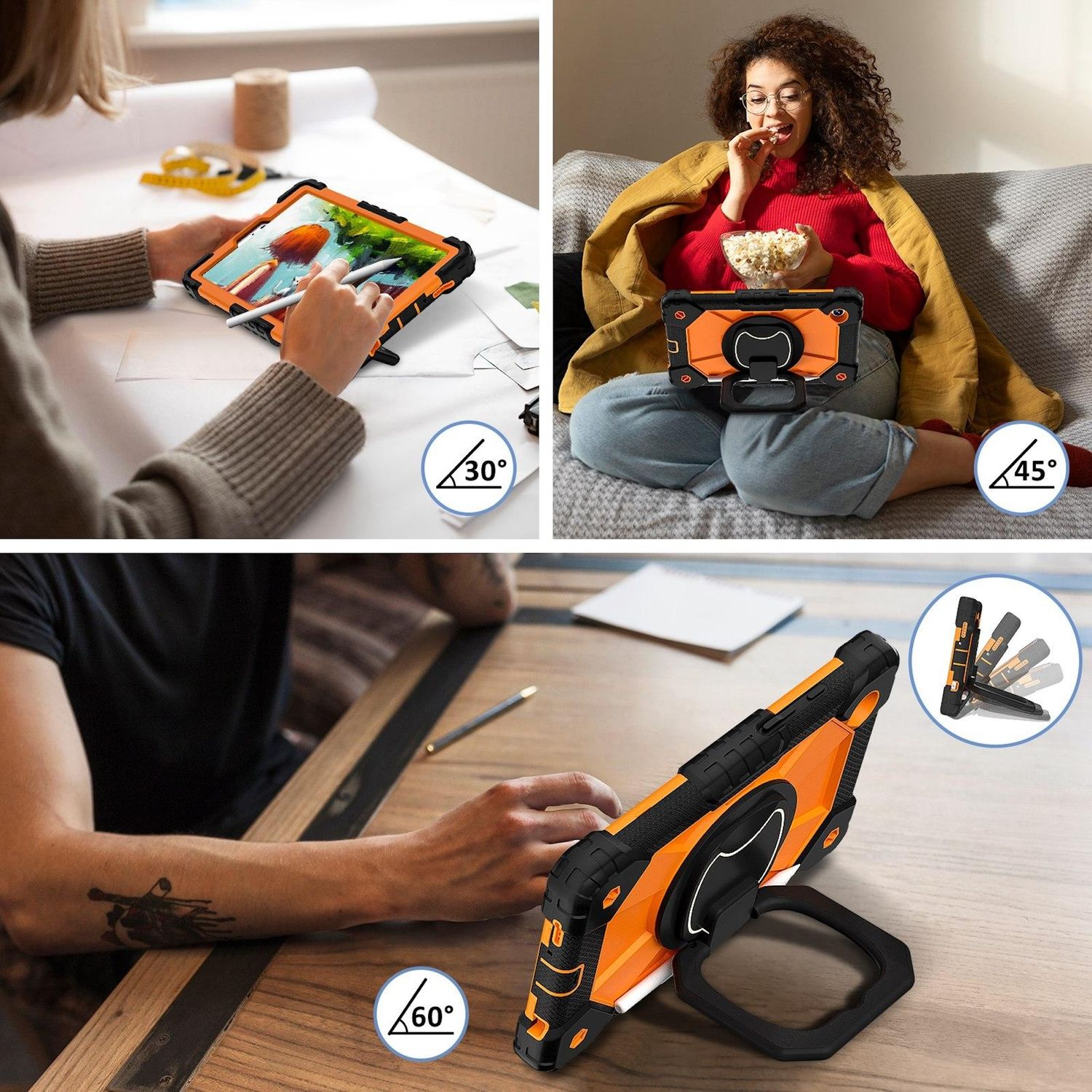 Drei Bilder, die ein Tablet in einer orangefarbenen Hülle zeigen. Benutzer verwenden das Tablet in verschiedenen Umgebungen: Zeichnen, Zuschauen und am Tisch.