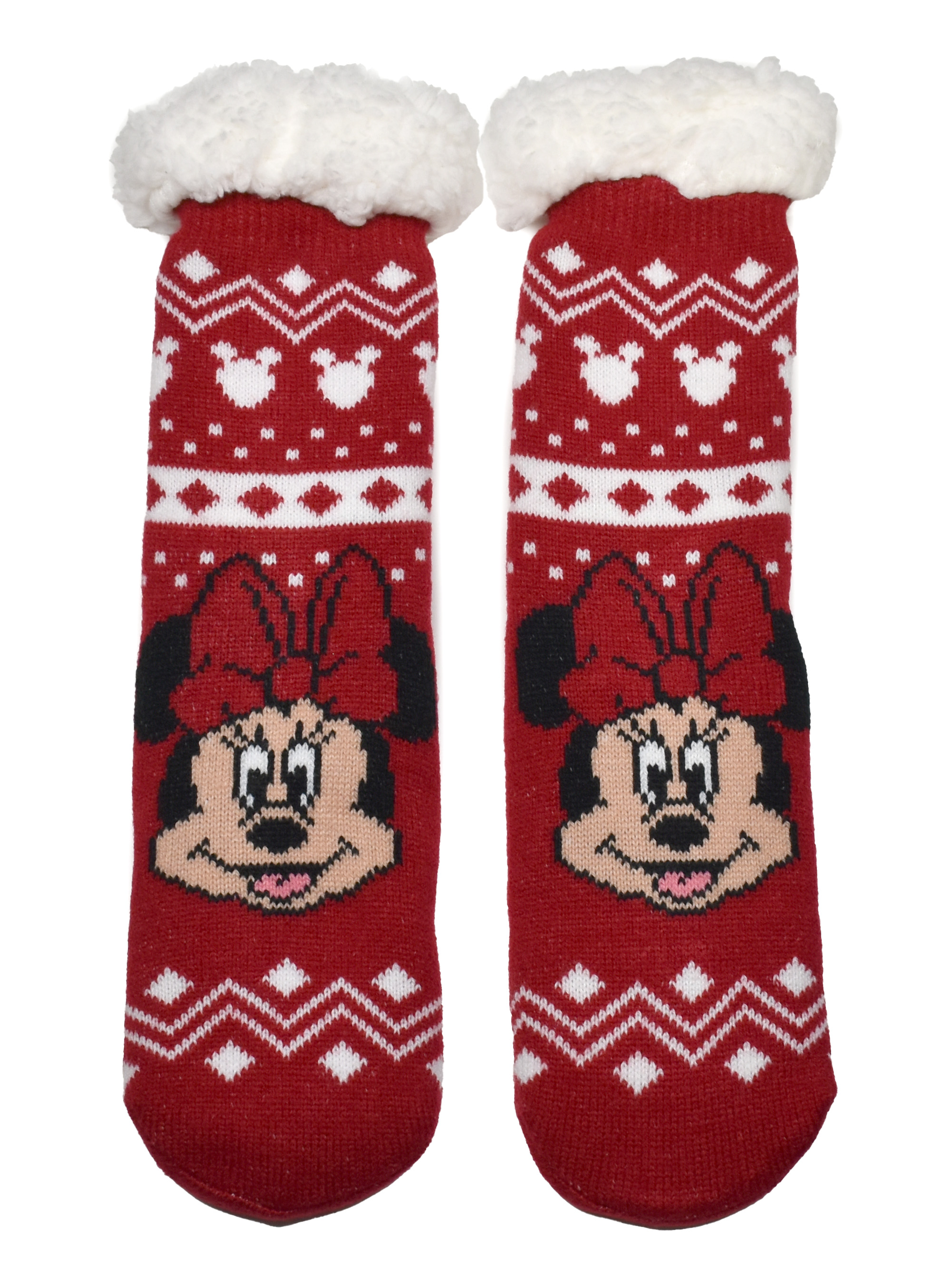 Paar rote Stricksocken mit weißen Akzenten und Minnie-Maus-Gesichtern. Weißer Pelzbesatz oben.