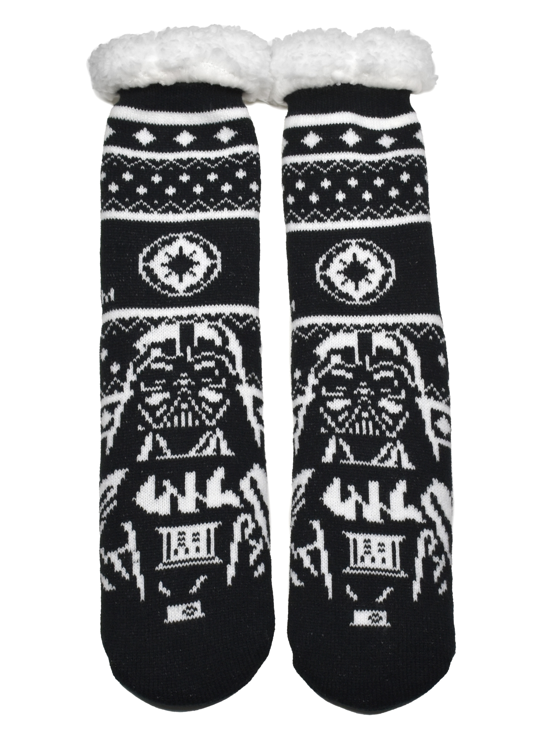 Paar Star Wars Darth Vader Socken. Schwarz mit weißen Mustern und weißen Kunstfelloberteilen.