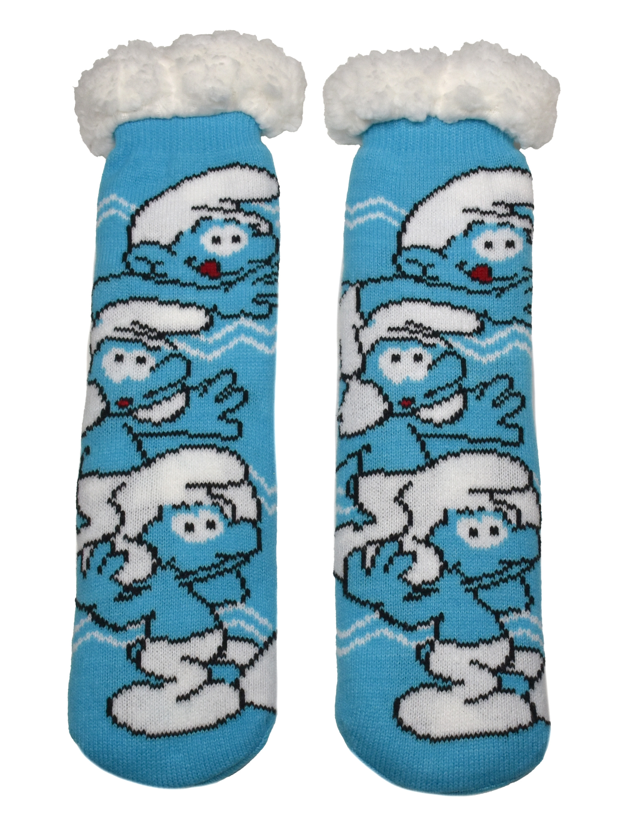 Paar blaue Socken mit Schlümpfen und weißem Besatz. Die Socken befinden sich auf weißem Hintergrund.