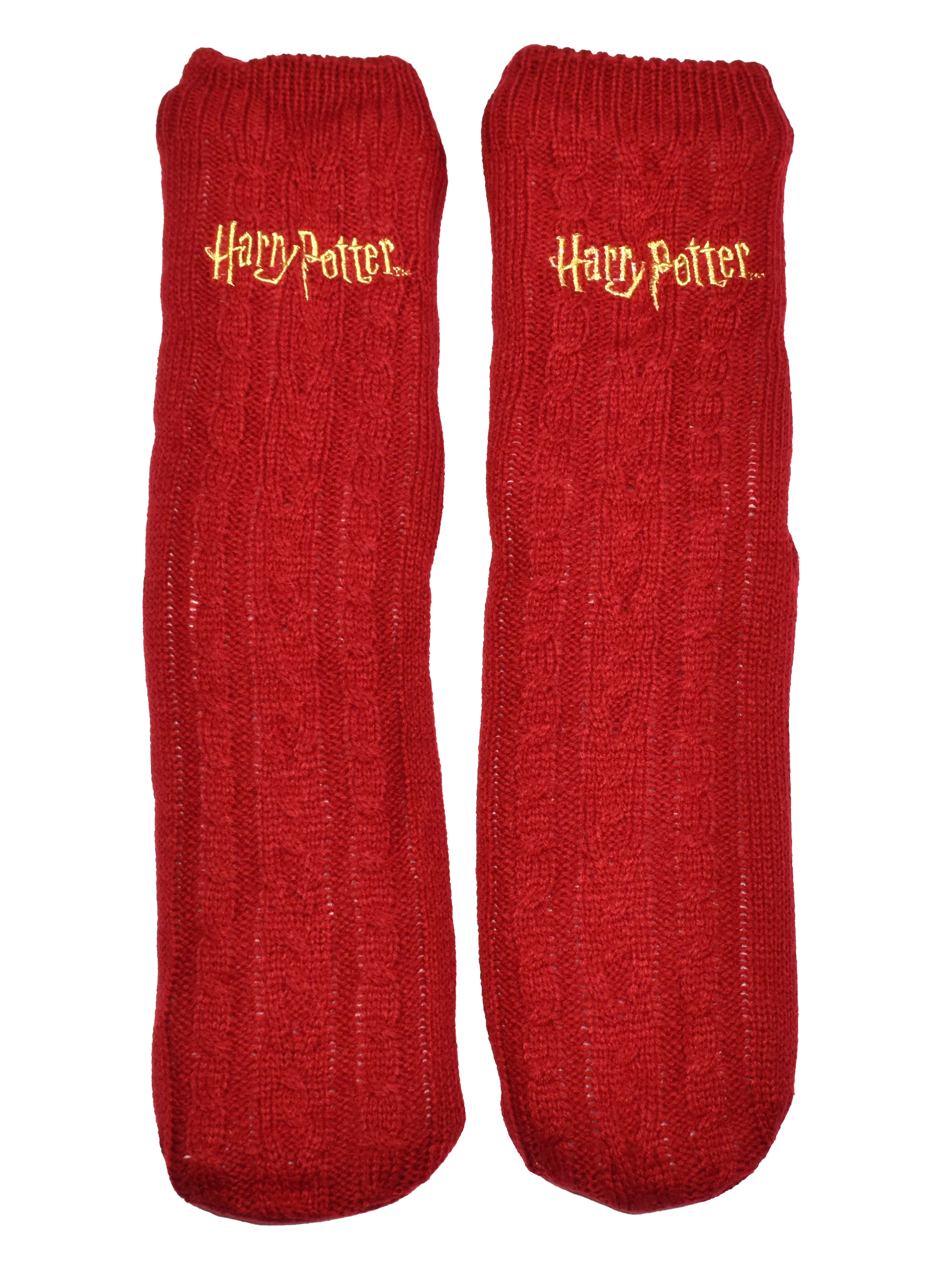 Zwei rote Harry-Potter-Socken mit goldfarbenen Buchstaben auf weißem Hintergrund. Zopfmuster.