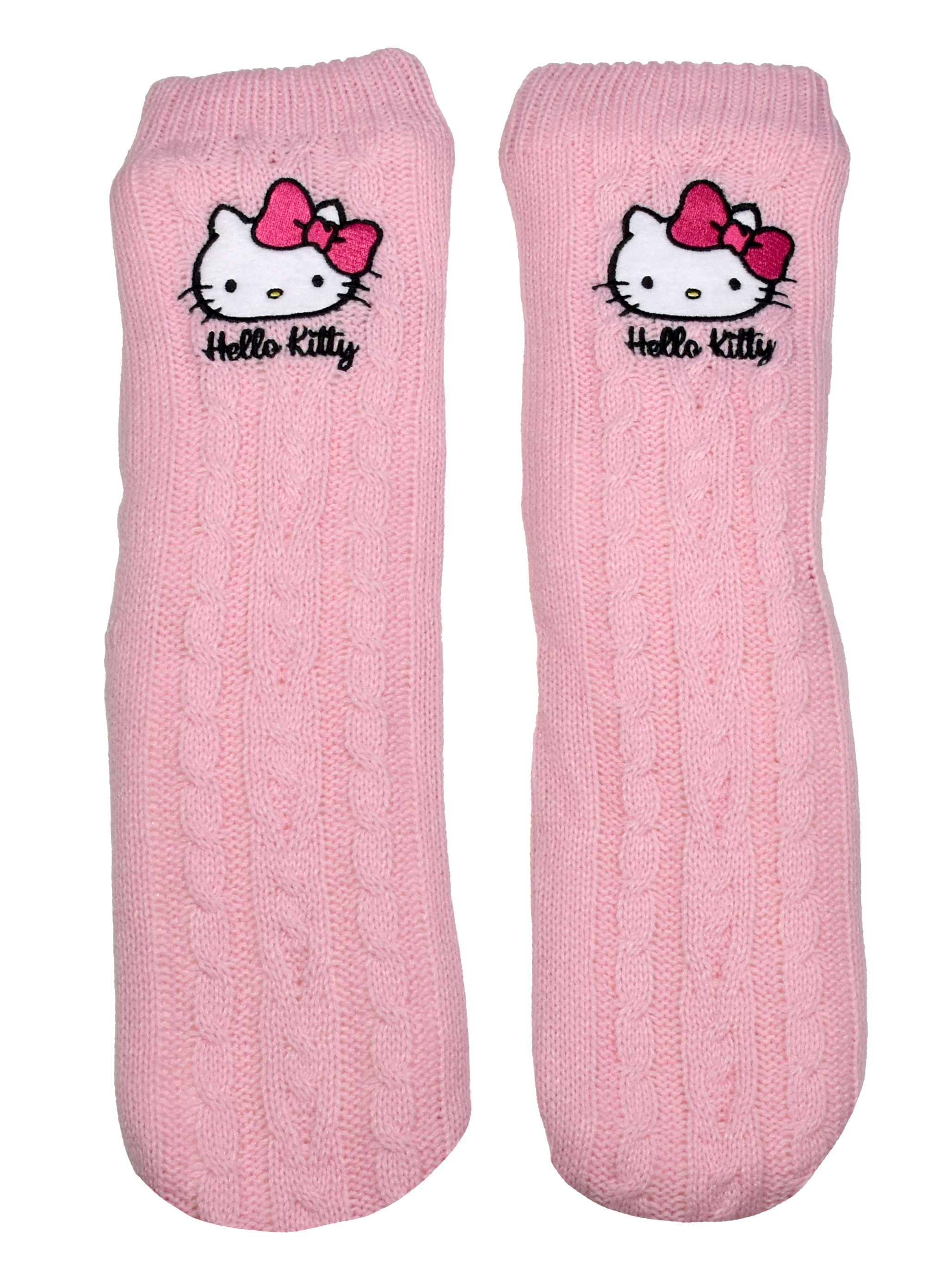 Zwei rosa Hello Kitty Socken. Jede Socke hat ein Hello Kitty Gesicht mit einer Schleife. Gestricktes Muster.
