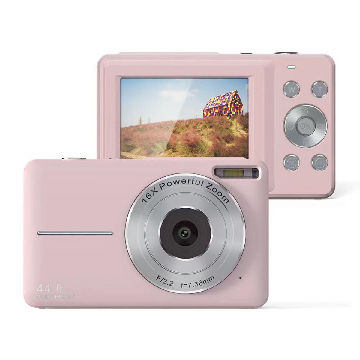 Rosa Digitalkamera. Der Bildschirm zeigt ein farbenfrohes Haus auf einem Hügel. Sie hat 16x Zoom und 44,0 Megapixel.