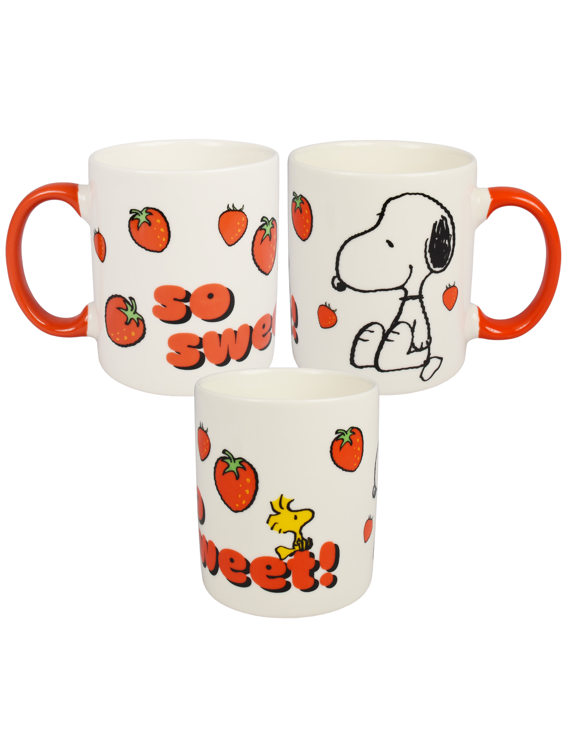 Drei weiße Tassen mit roten Griffen. Erdbeeren, Snoopy und Woodstock sind auf den Tassen abgebildet.