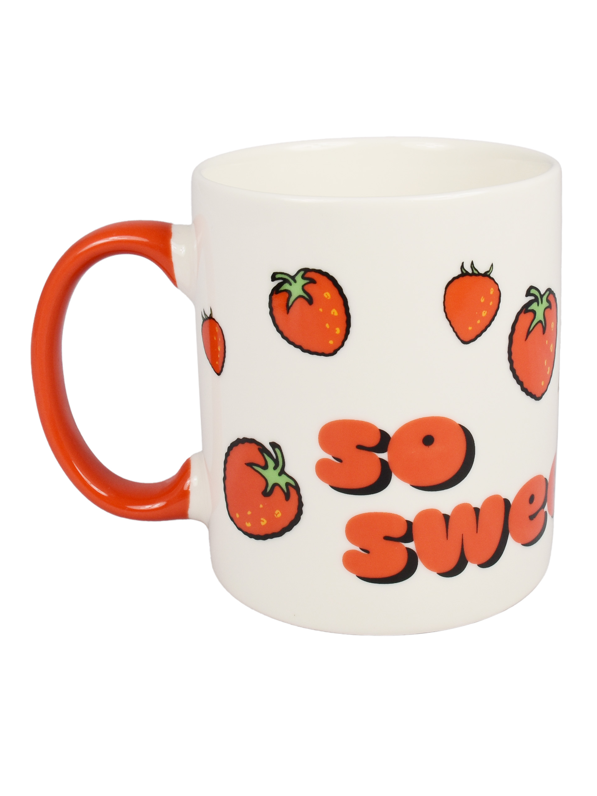 Weißer Becher mit rotem Griff, Erdbeeren und den Worten 'so sweet' in Orange.
