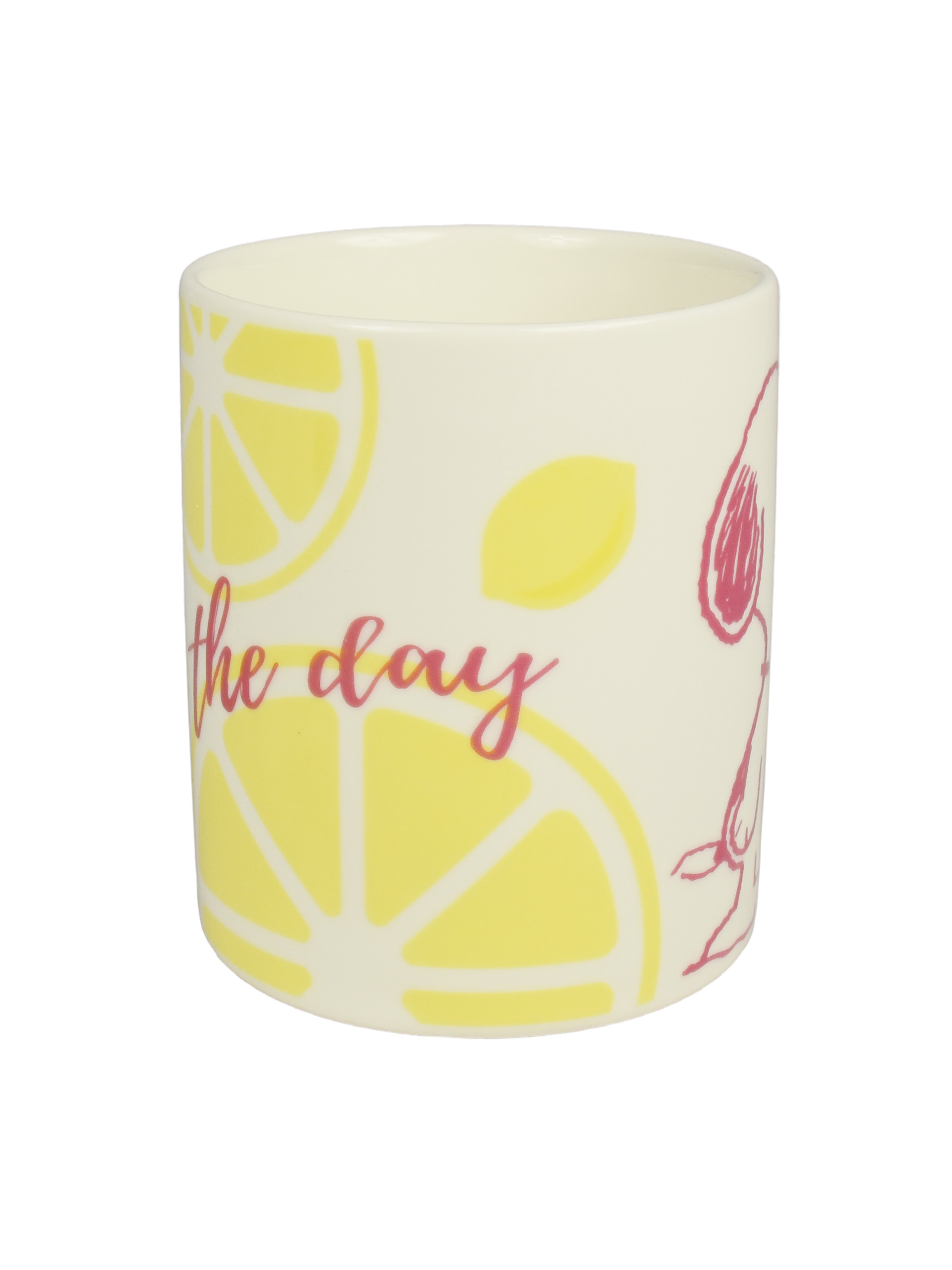 Eine cremefarbene Tasse mit gelben Zitronenscheiben und den pinkfarbenen Worten 'the day' und einer roten Cartoonfigur.
