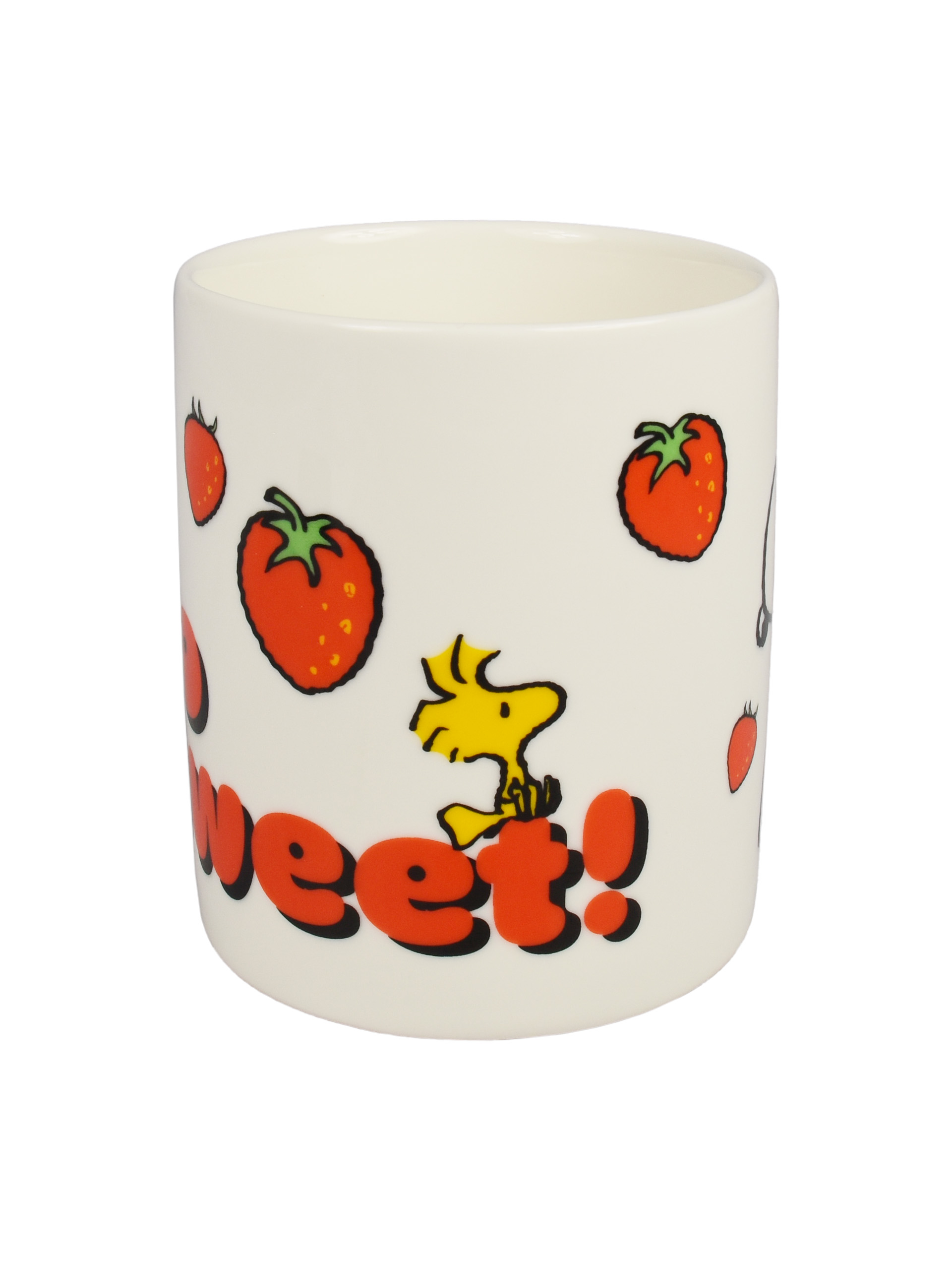 Eine weiße Tasse mit Erdbeeren, dem Wort 'sweet' und Woodstock darauf.