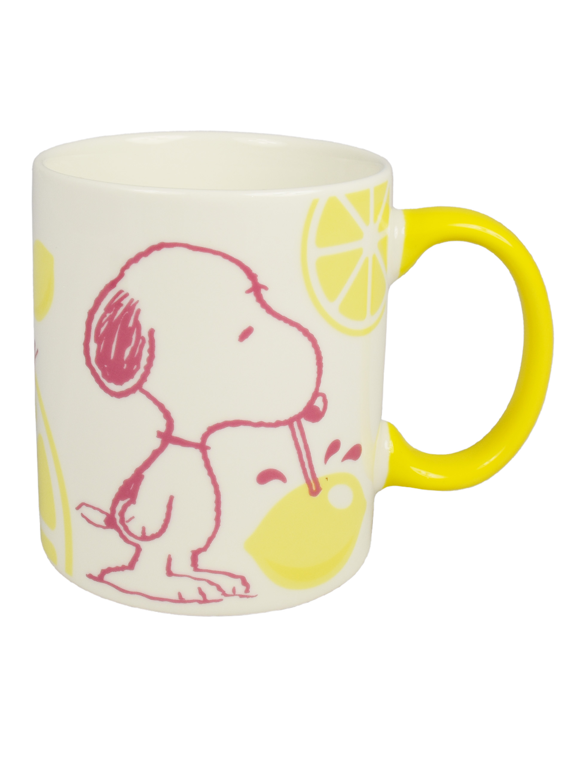Eine weiße Tasse mit Snoopy, der Zitronensaft trinkt. Gelber Griff und Zitronenscheiben-Design.