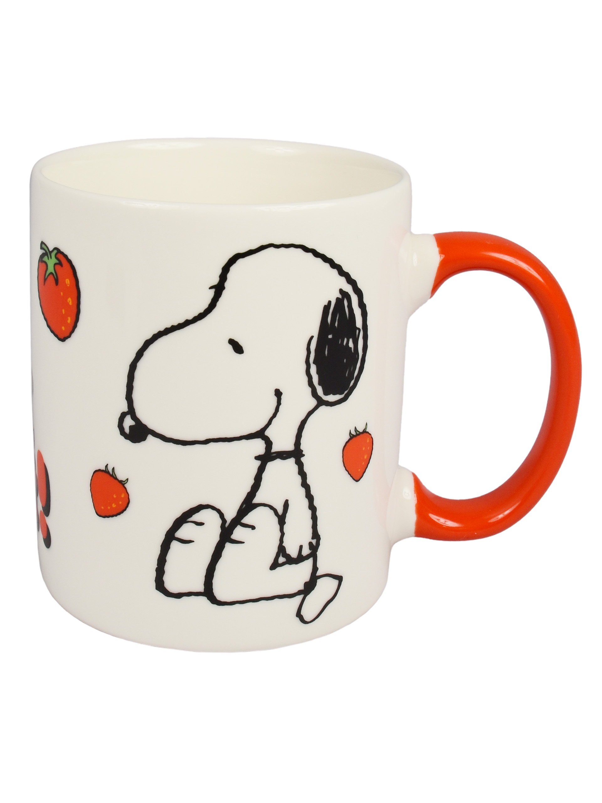 Eine weiße Tasse mit Snoopy-Illustration und Erdbeeren. Sie hat einen orangefarbenen Griff.