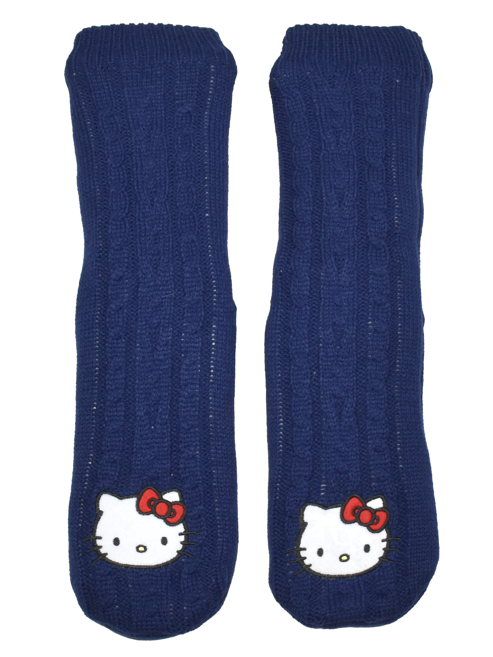 Zwei marineblaue Stricksocken mit einem Hello Kitty-Gesicht am unteren Ende. Die Schleife ist rot.