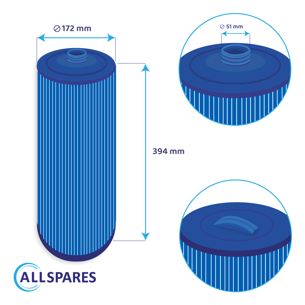 Blauer zylindrischer Filter mit weißen vertikalen Linien, Abmessungen beschriftet. Details von oben und unten, Allspares-Logo.