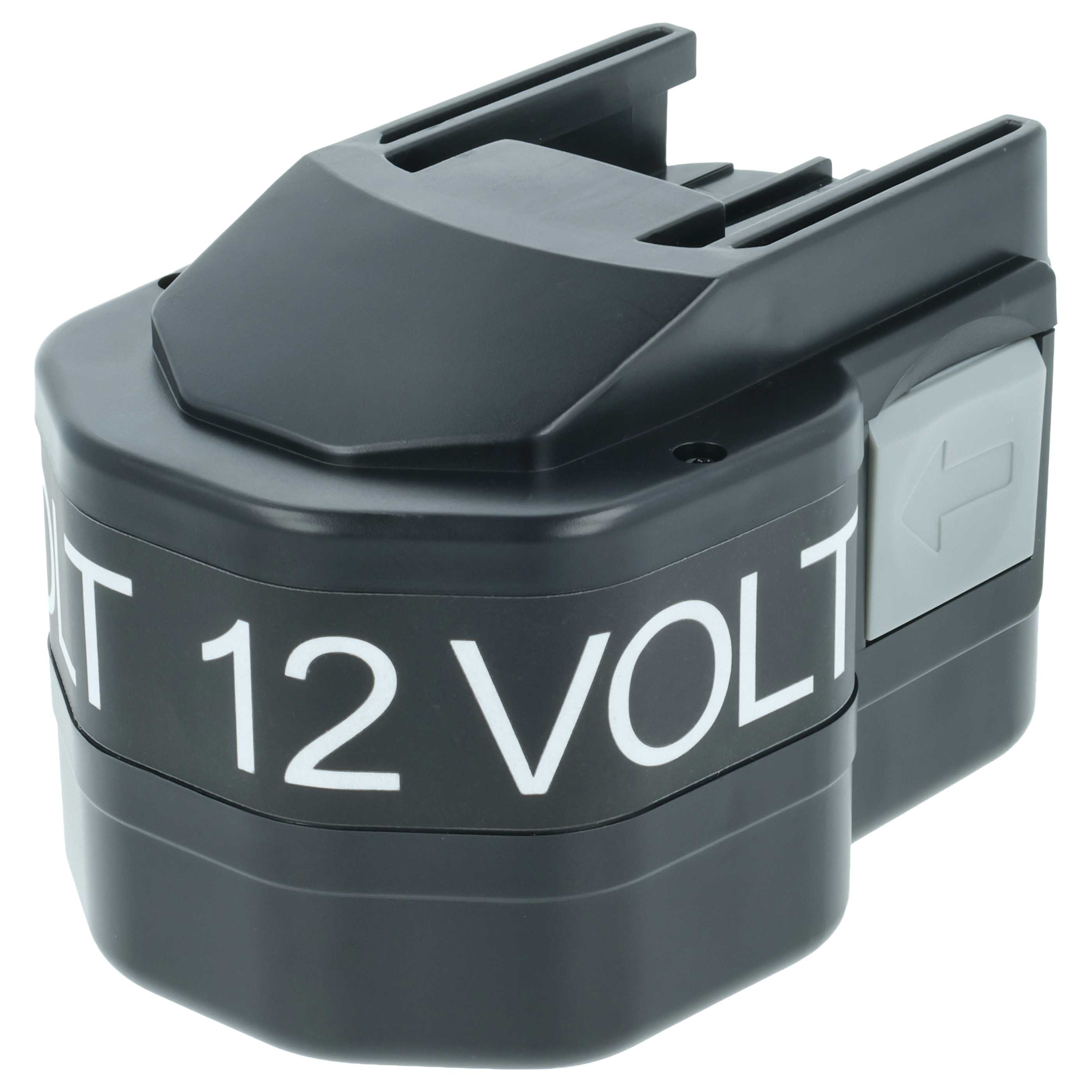Schwarzer 12-Volt-Akku. Graue Taste mit Pfeil. Weißer Text an der Seite.