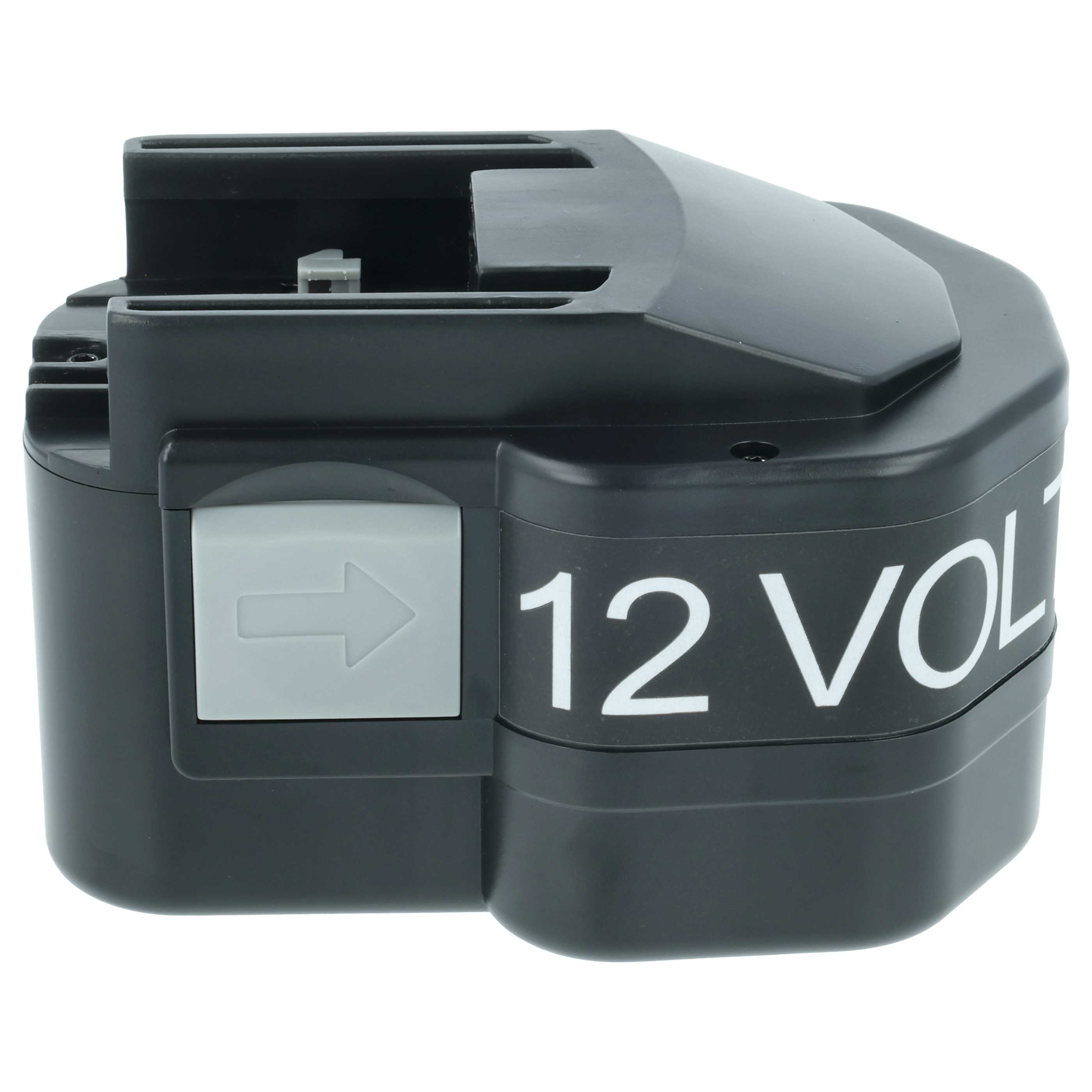Schwarzer 12-V-Akku. Er hat einen grauen Knopf mit einem Pfeil. Der Text '12 VOLT' ist darauf gedruckt.