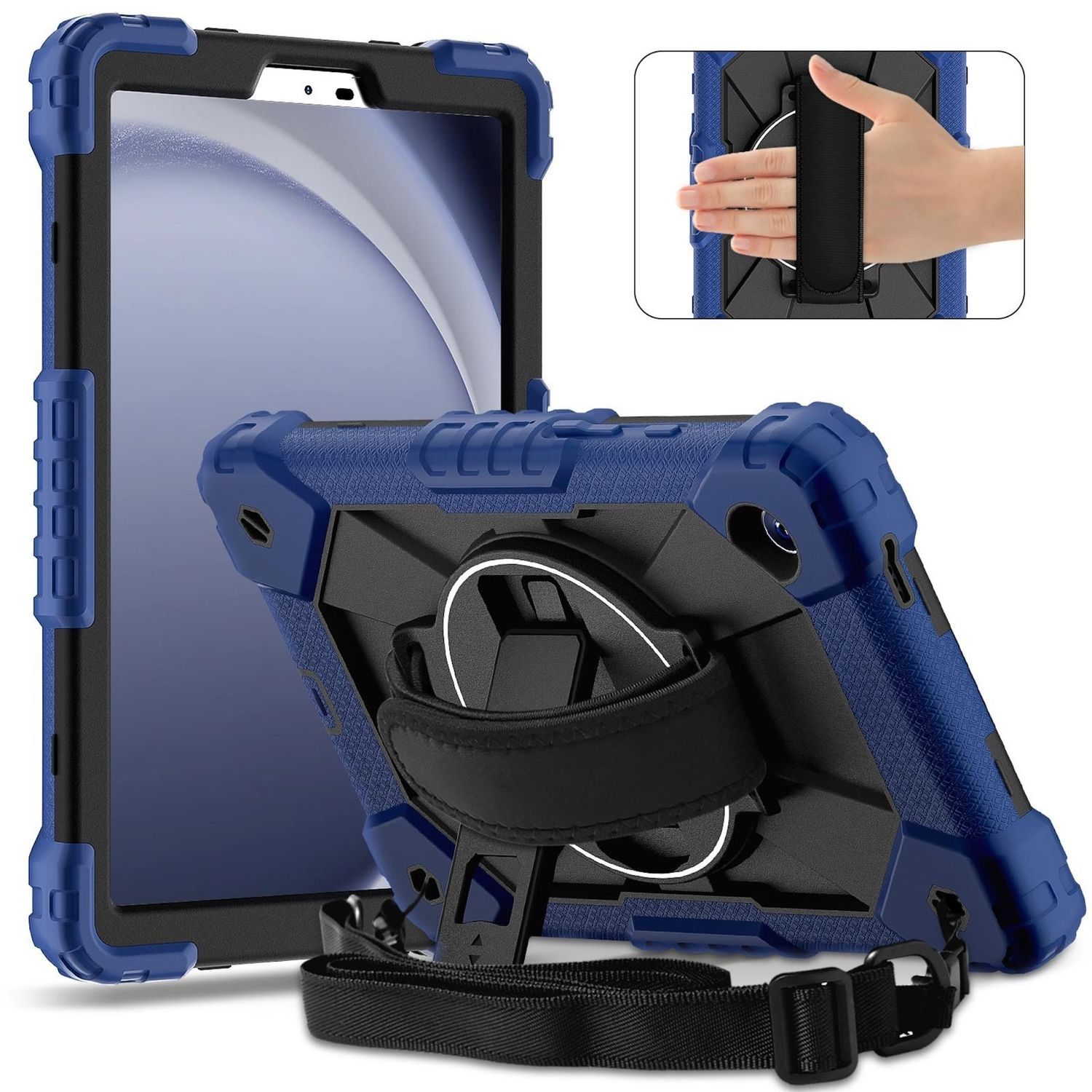 Tablet in einer blau-schwarzen Schutzhülle mit Handschlaufe und Nackengurt.