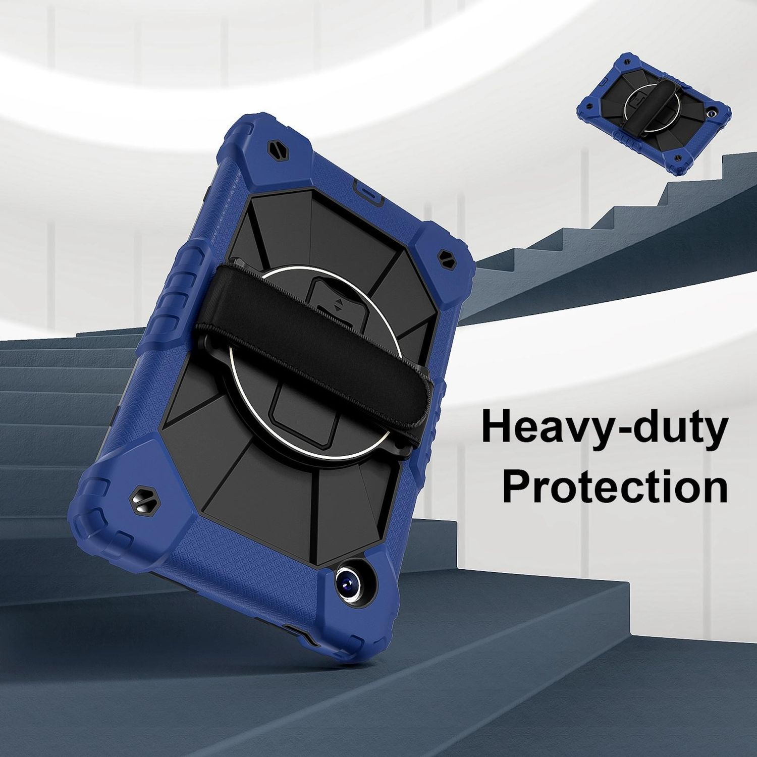 Blaue Tablet-Hülle mit schwarzen Akzenten und Riemen. Eine zweite Hülle befindet sich in der Luft. Treppen und Text "Heavy-duty Protection" im Hintergrund.