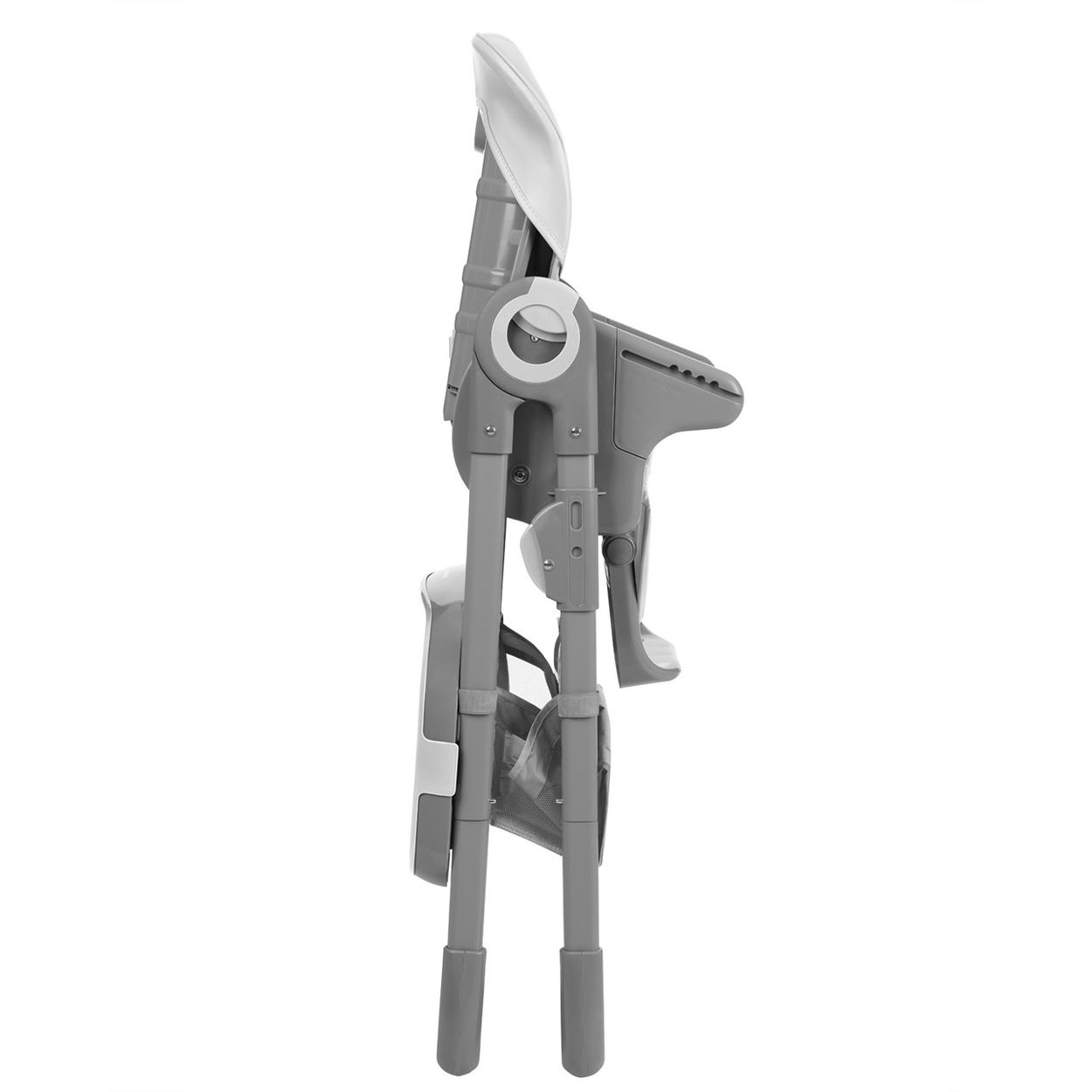 Una trona para bebé gris y blanca, plegada. La silla tiene respaldo, asiento y patas, todo plegado y compacto para guardar.