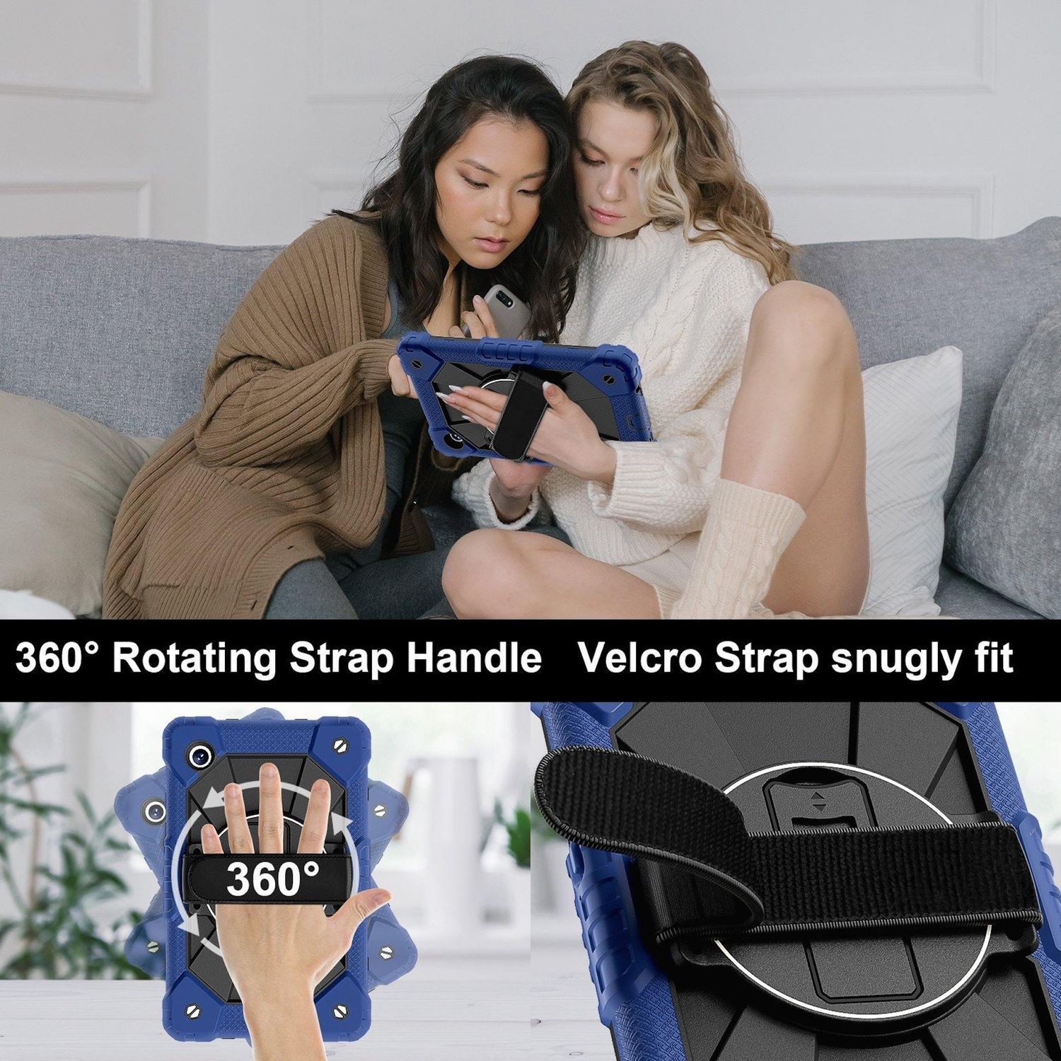 Zwei Frauen auf einem Sofa betrachten ein Tablet mit blauem Gehäuse und Riemen. Text: 360° drehbarer Gurtgriff, Klettverschluss.