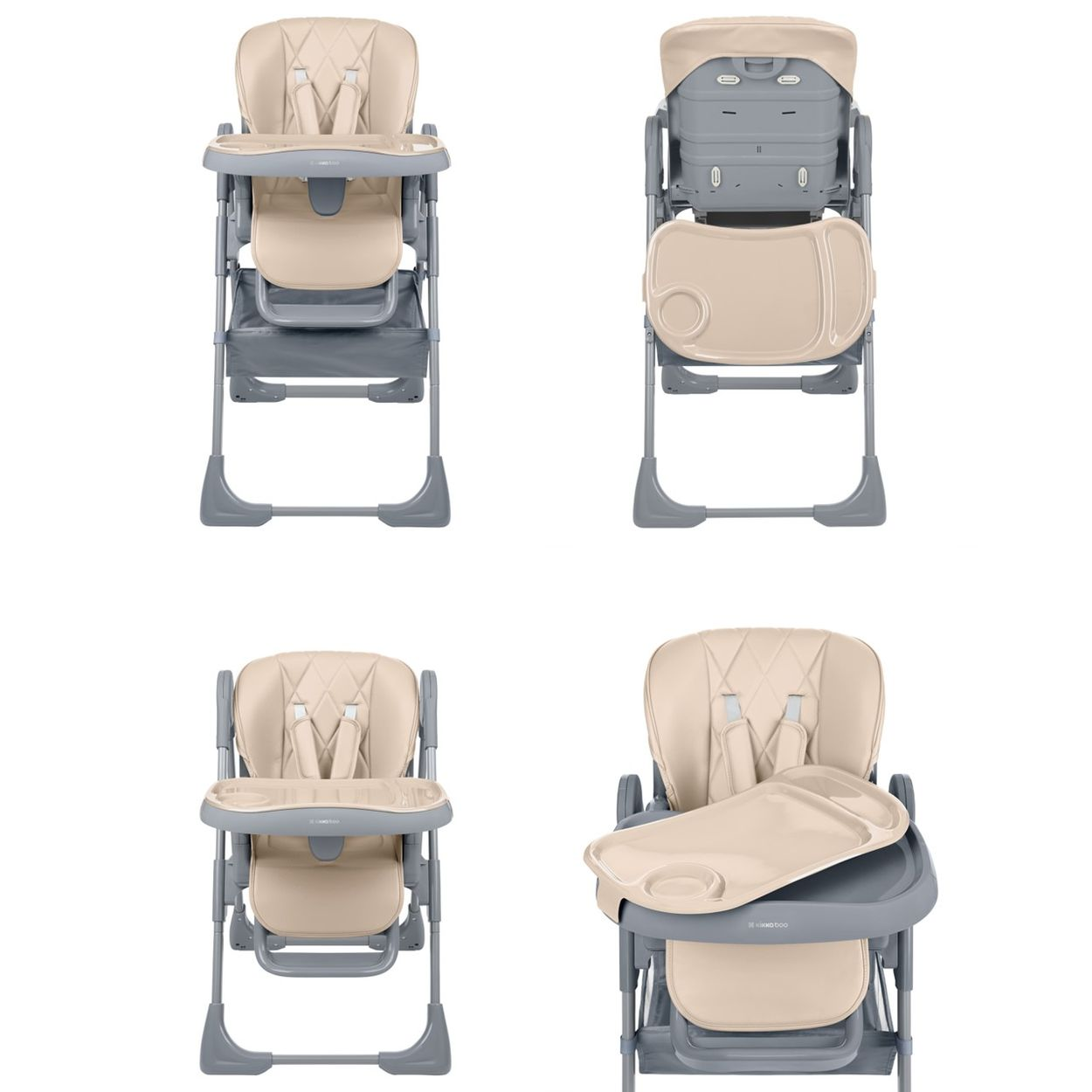 Cuatro vistas de una trona para bebé beige y gris. La silla tiene una bandeja, correas de seguridad y un reposapiés. La silla está sobre fondo blanco.
