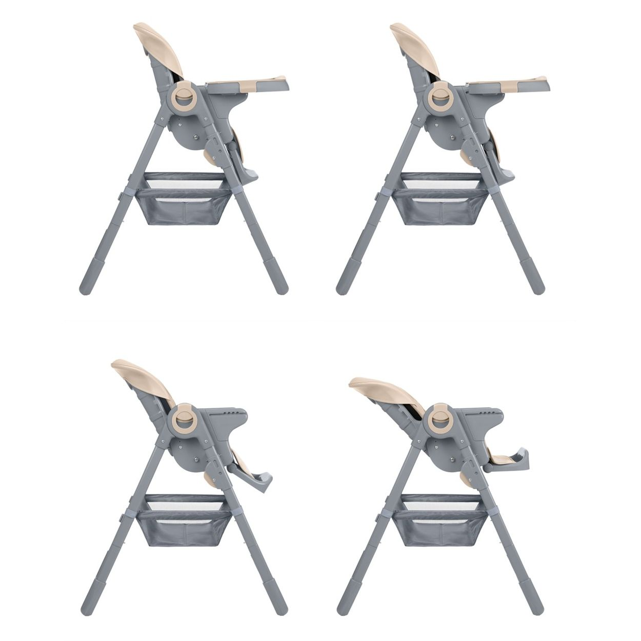 Cuatro sillas altas para bebés. Cada una tiene un asiento y una bandeja beige, un marco gris y una cesta de almacenamiento gris. Todo sobre fondo blanco.