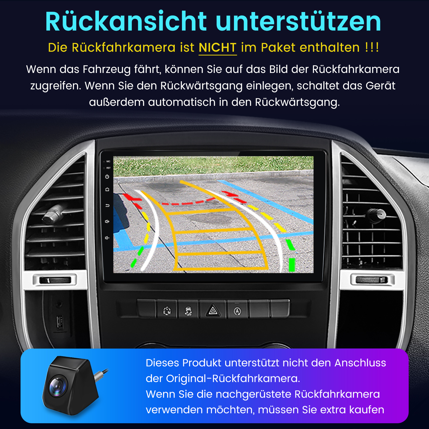 Armaturenbrett mit Rückfahrkamera-Anzeige. Unten ist eine Kamera abgebildet. Deutscher Text erklärt die Funktionalität.
