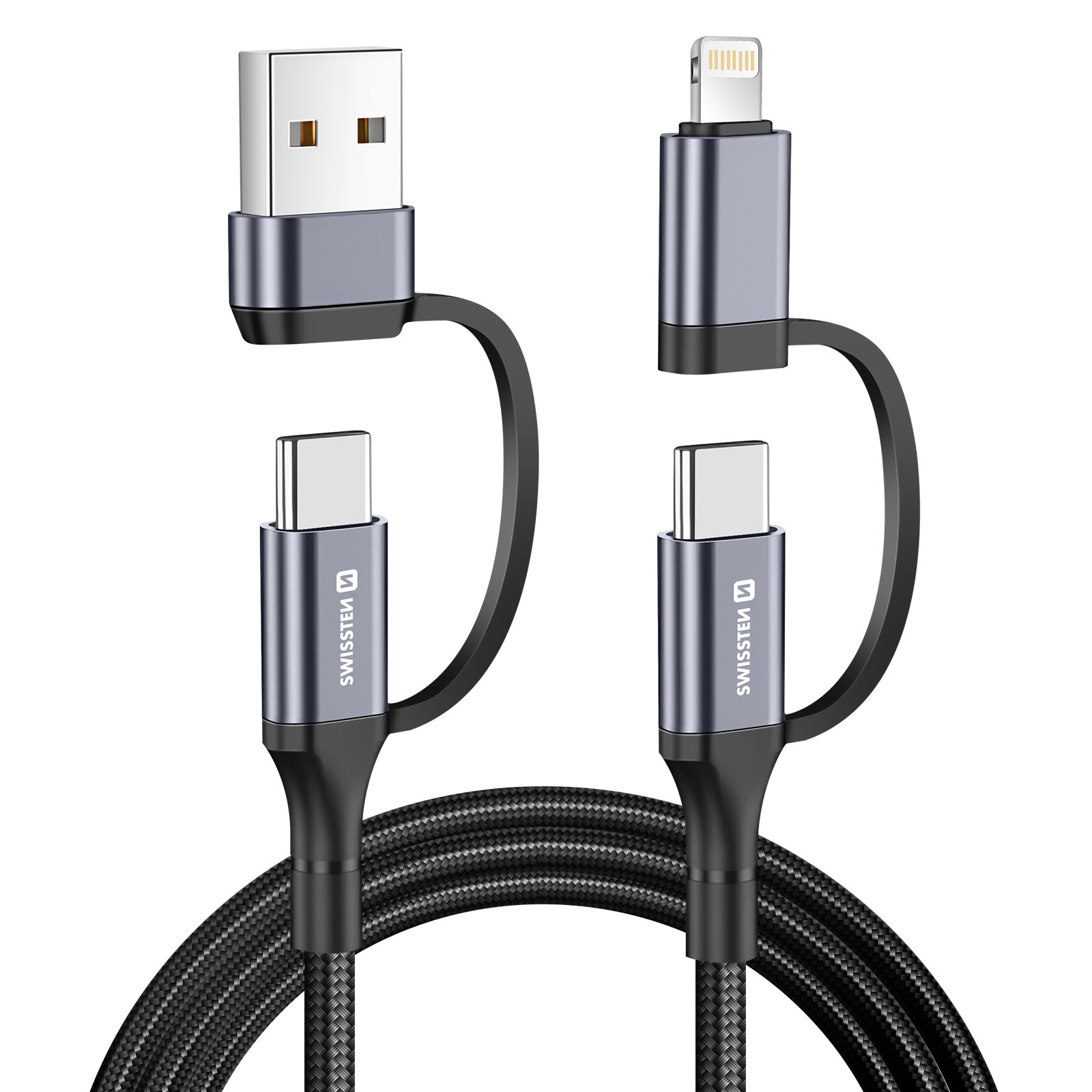 Ein Mehrfach-Anschluss-Ladekabel mit USB-, Lightning- und USB-C-Anschlüssen, schwarzes Kabel, weißer Hintergrund.