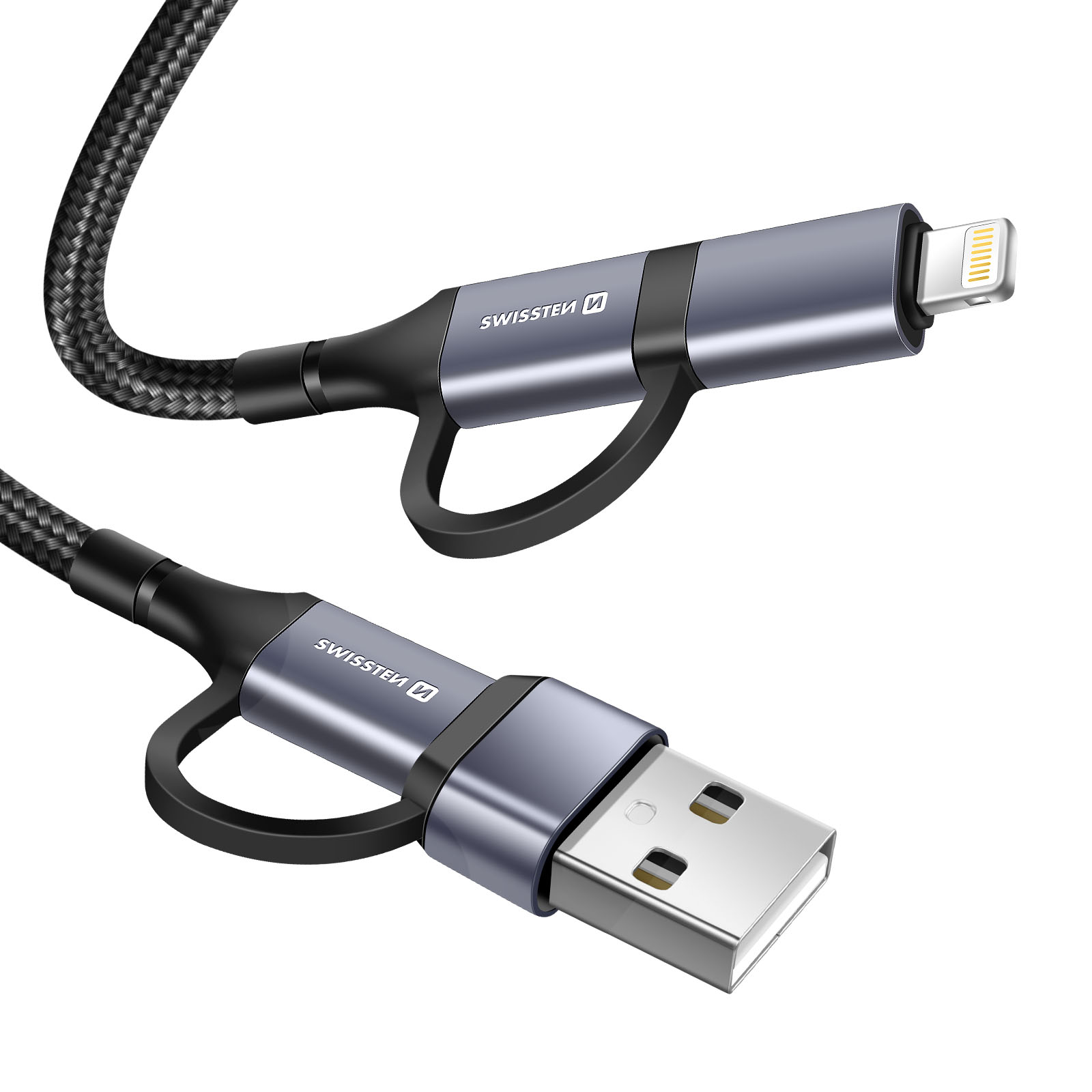 Ein geflochtenes USB-auf-Lightning-Kabel wird gezeigt. Es hat einen metallgrauen Stecker mit dem SwissTek-Logo.