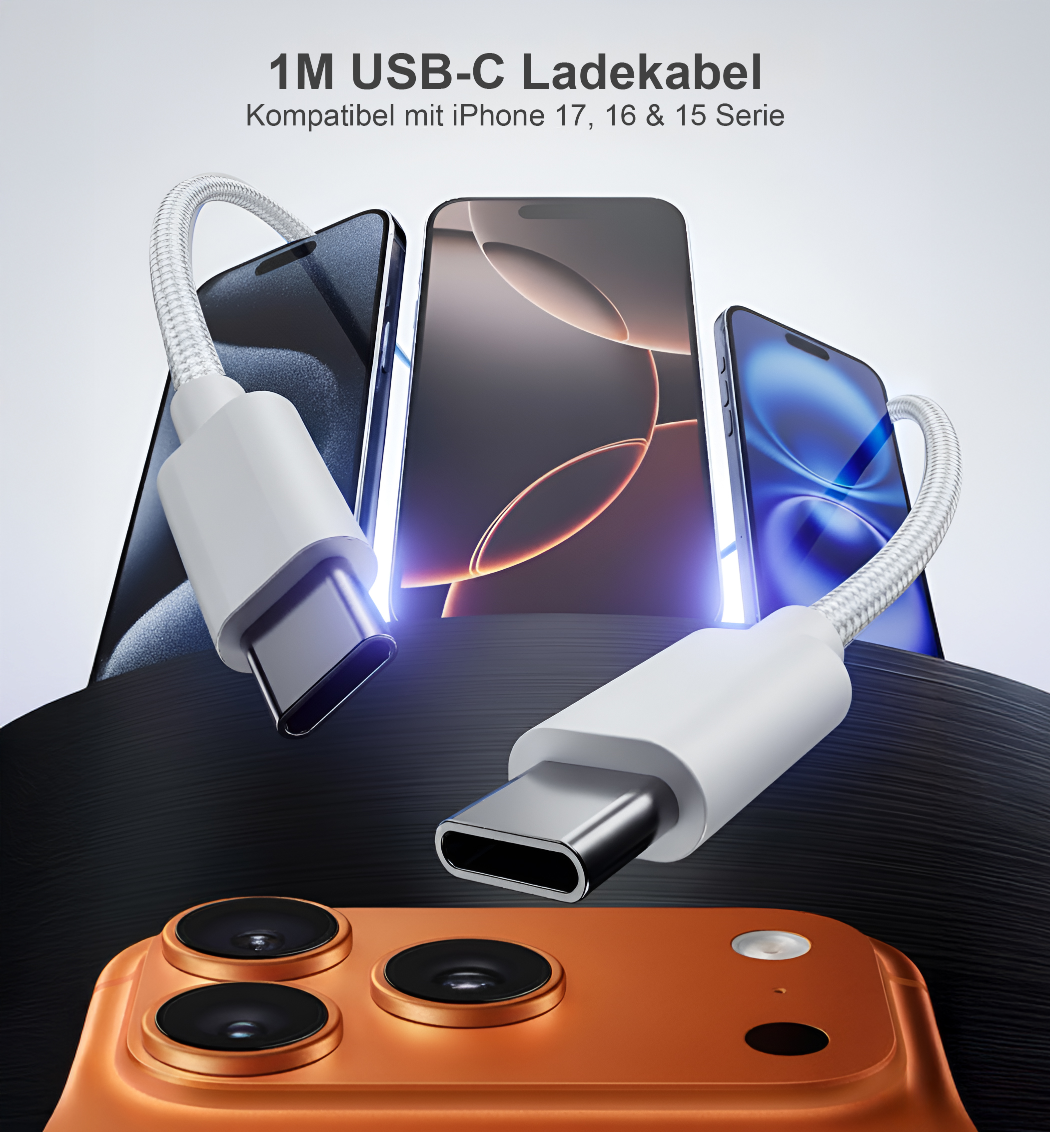 USB-C-Ladekabel mit Handys. Kabel weiß, Handys schwarz und blau. Orangefarbene Telefonkamera im Vordergrund.