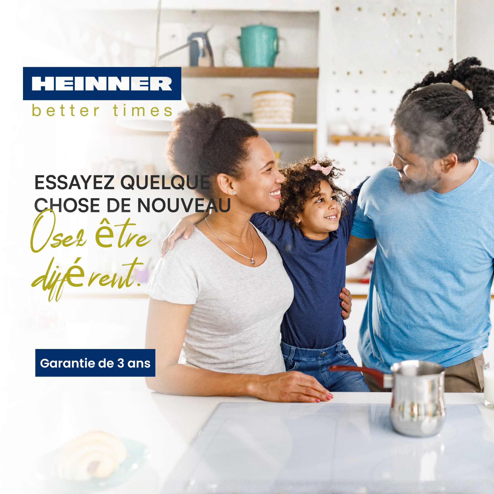 A family of three smiles, embracing. Text says: 'Try something new, dare to be different.' A logo is at the top.