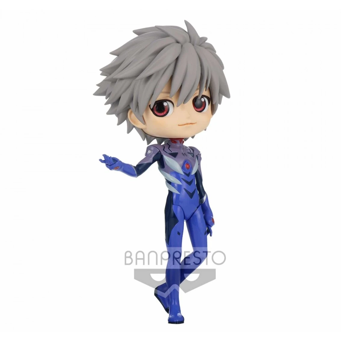 Figura de anime de un personaje con pelo gris puntiagudo, traje azul y morado, ojos rojos y expresión neutra.