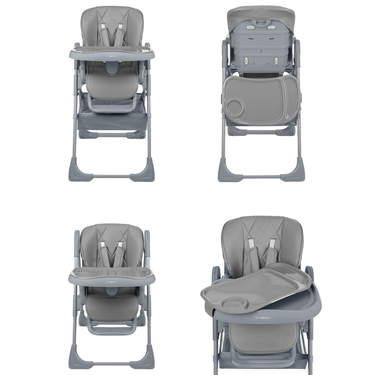 Vier Ansichten eines grauen Babyhochstuhls. Er hat ein Tablett, einen Sitz und Sicherheitsgurte. Der Stuhl steht vor weißem Hintergrund.