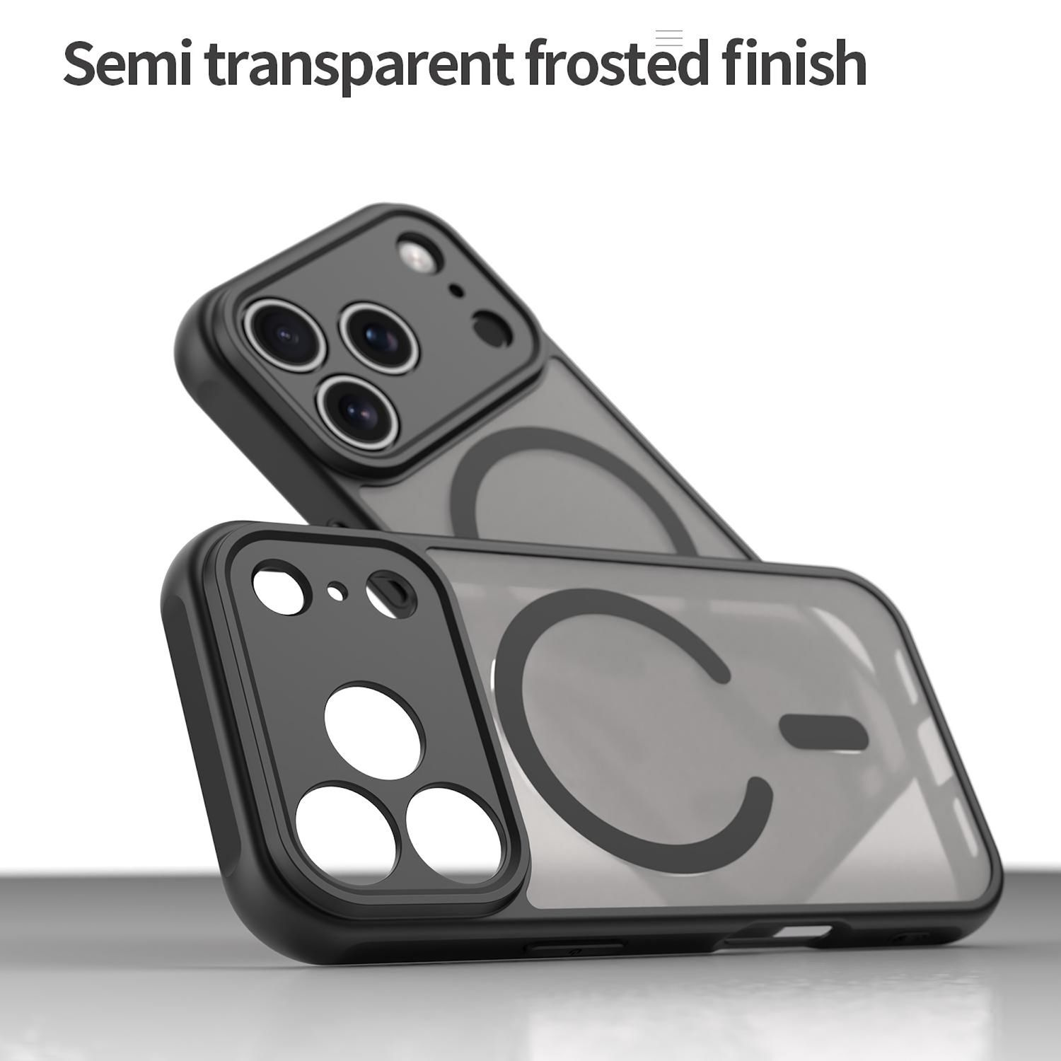 Zwei schwarze Handyhüllen mit halbtransparentem, mattiertem Finish. Eine ist abgewinkelt, zeigt Kameraausschnitte. Die andere hat ein 'C'-Design.